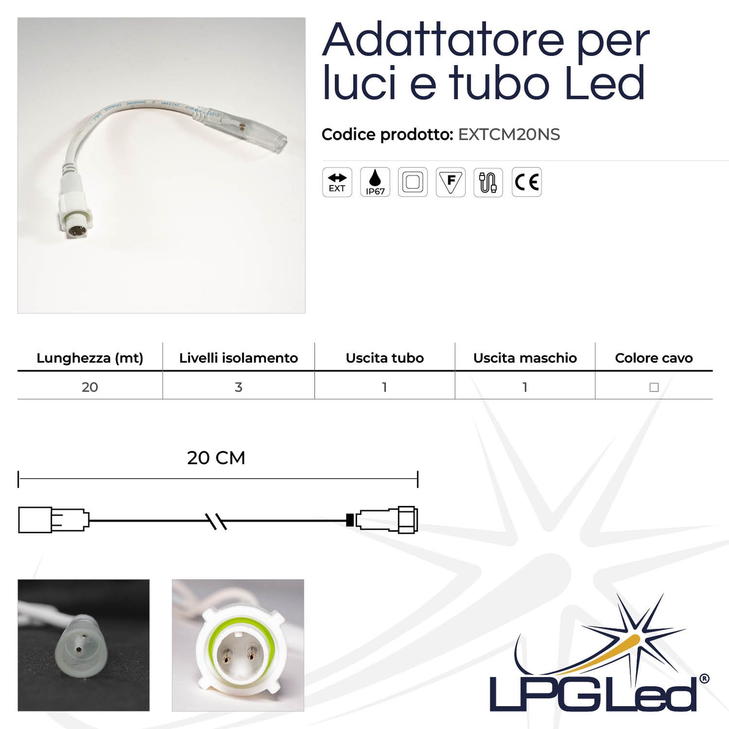 Adattatore per stringa e tubo led | 20cm | IP67