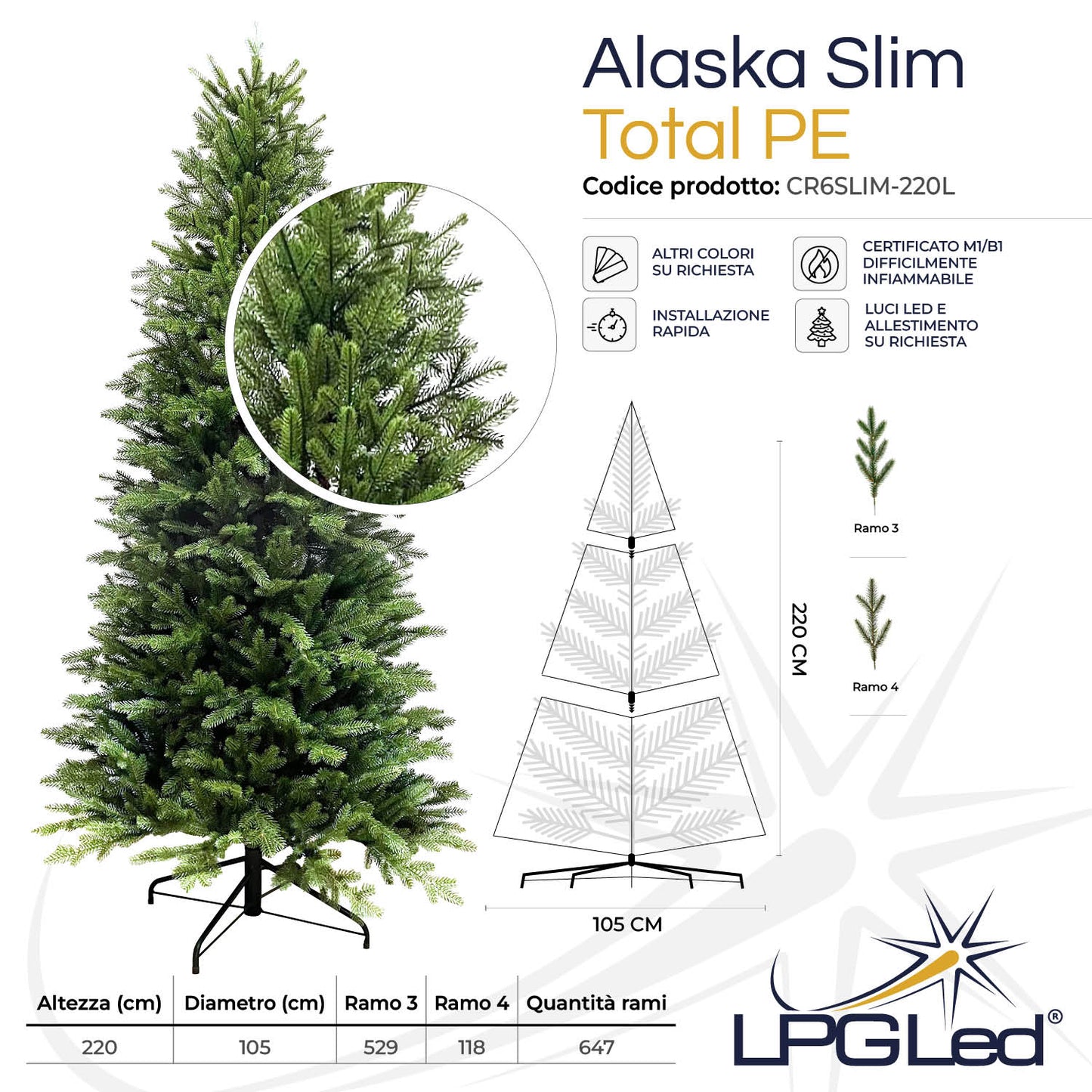 Albero di Natale artificiale TOTAL PE | ALASKA SLIM | altezza 220cm - diametro 105cm - rami 647