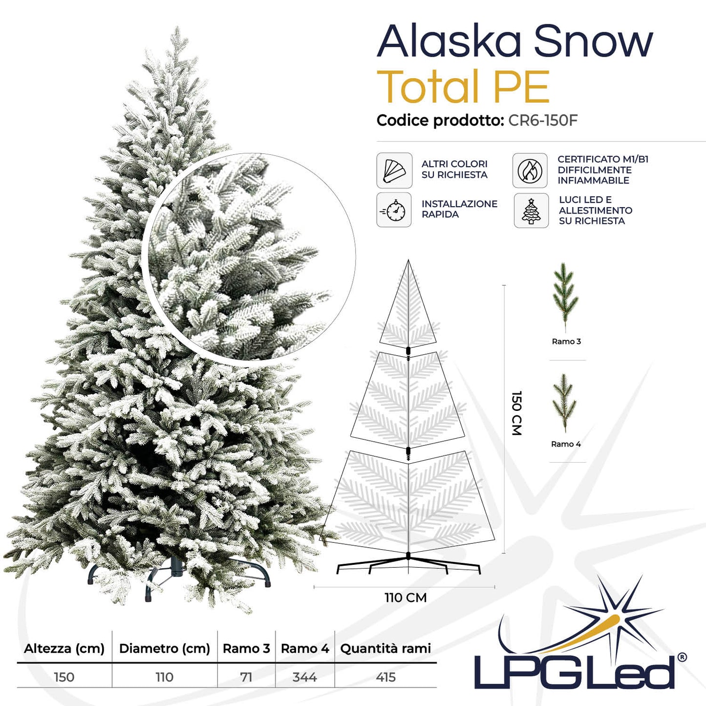 Albero di Natale innevato TOTAL PE | ALASKA SNOW | altezza 150cm - diametro 110cm - rami 415