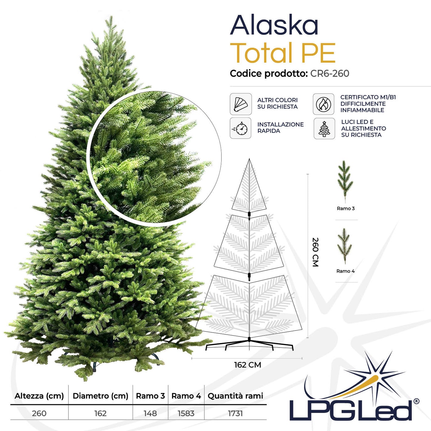 Albero di Natale artificiale TOTAL PE | ALASKA | altezza 260cm - diametro 162cm - rami 1.731