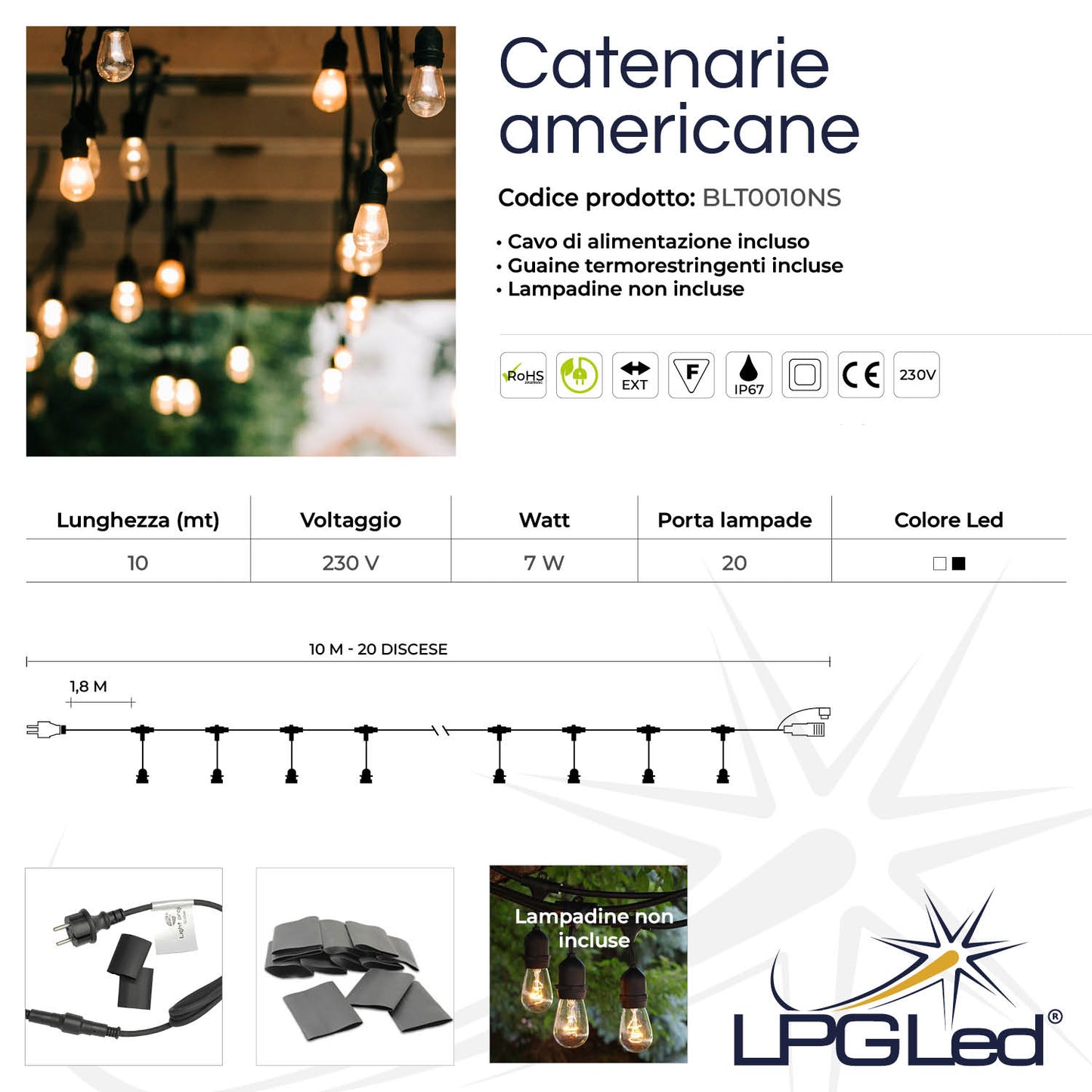 Catenaria luminosa americana luci led | 10m E27 | da esterno | LAMPADINE NON INCLUSE
