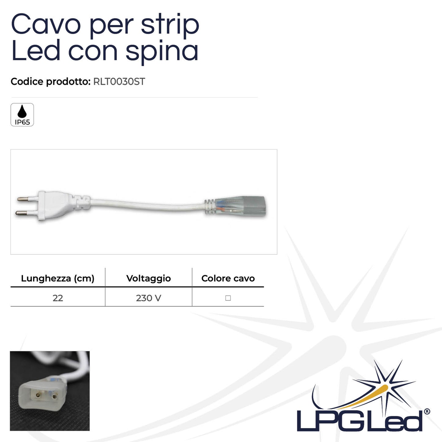 Cavo di alimentazione per striscia strip led | 22cm | con spina | IP65