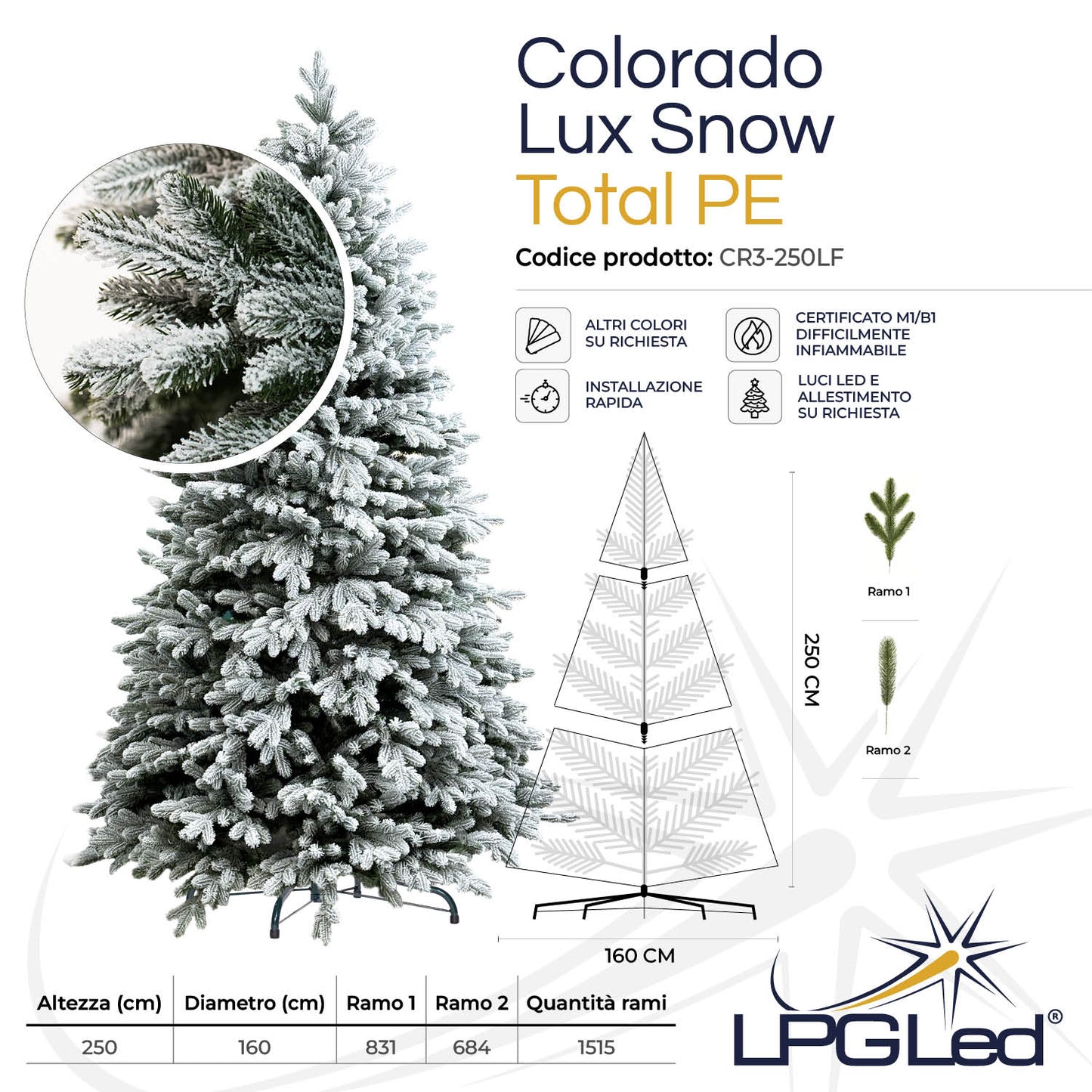 Albero di Natale innevato TOTAL PE | COLORADO LUX SNOW | altezza 250cm - diametro 160cm - rami 1.515