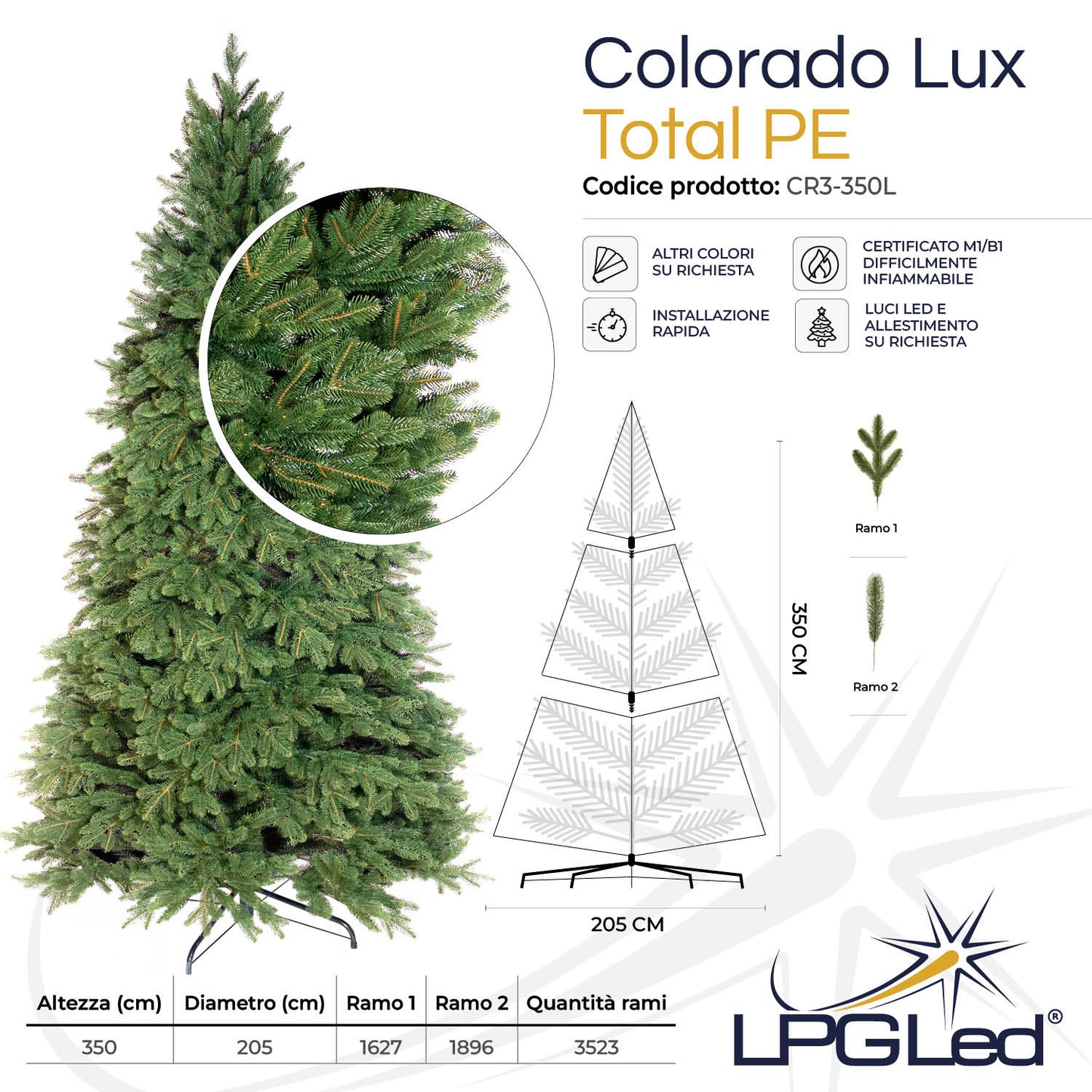 Albero di Natale artificiale TOTAL PE | COLORADO LUX | altezza 350cm - diametro 205cm - rami 3.523