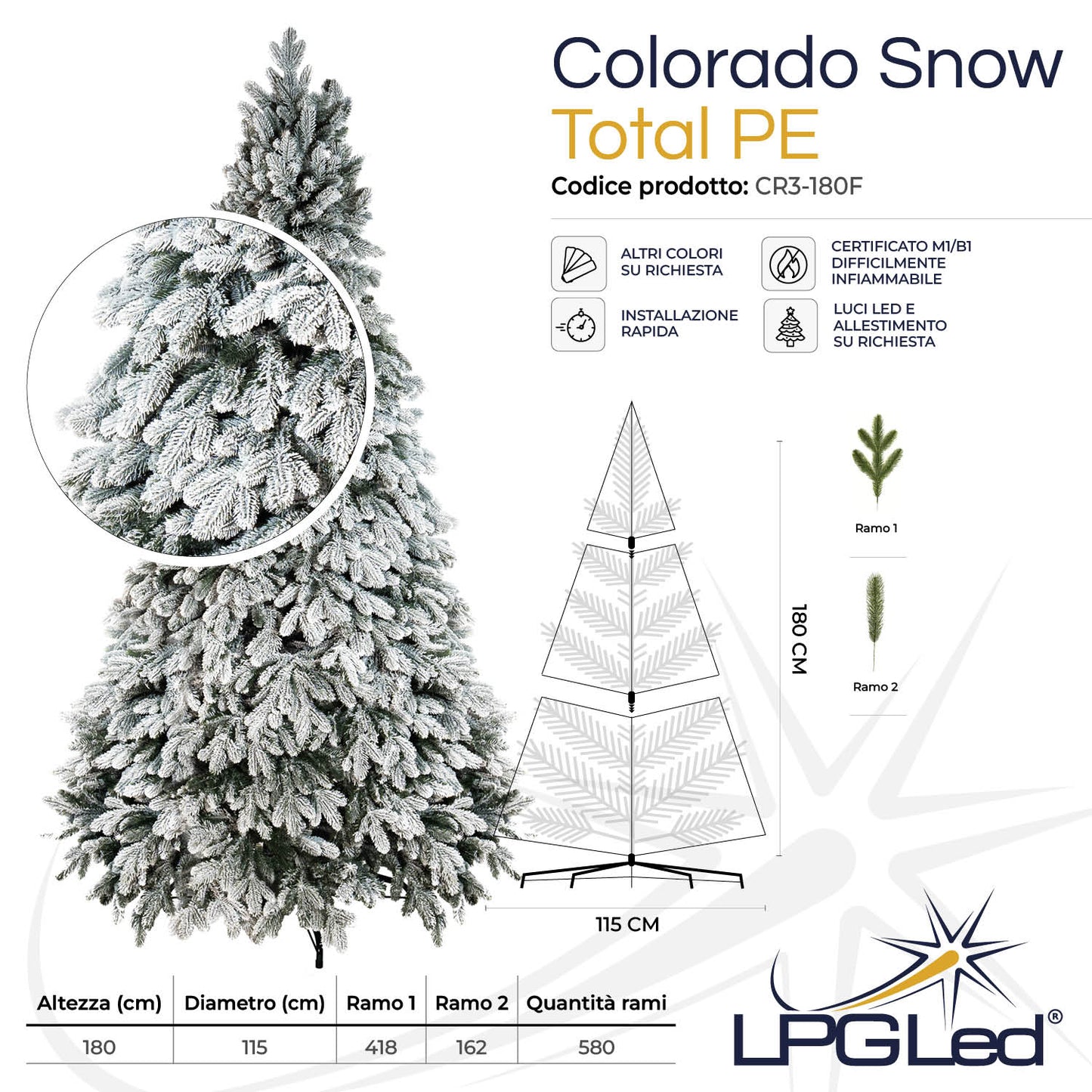 Albero di Natale innevato TOTAL PE | COLORADO SNOW | altezza 180cm - diametro 115cm - rami 580