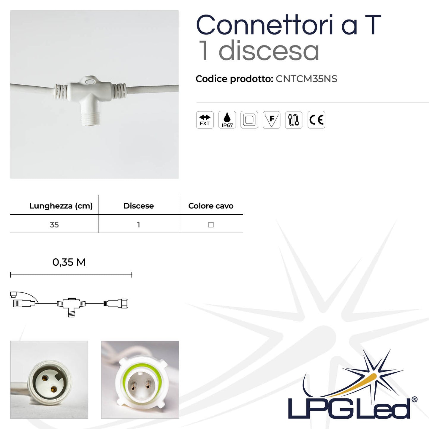 Connettore a T per luci led | 35cm | 1 discesa | IP67