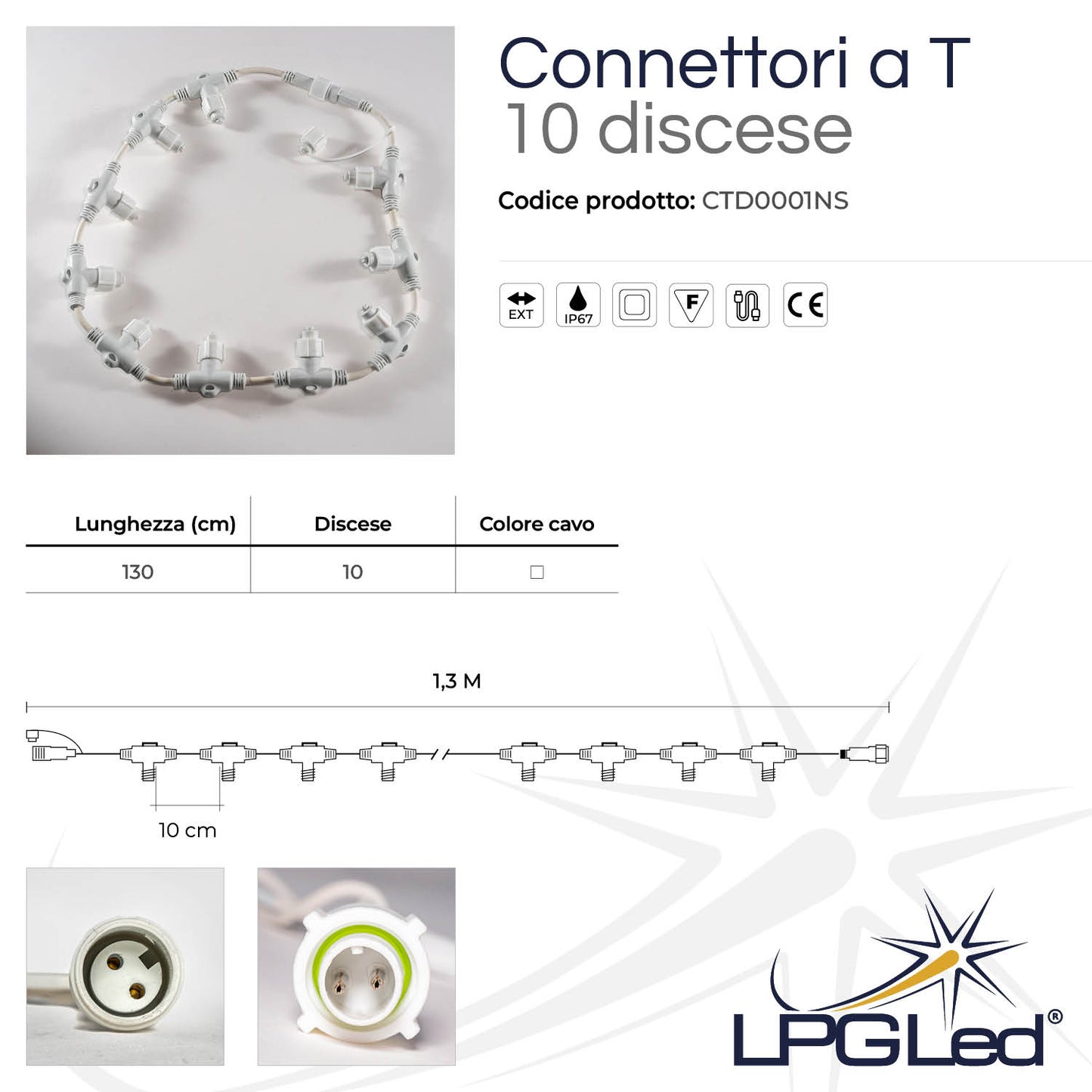 Connettore a T per luci led | 130cm | 10 discese | IP67