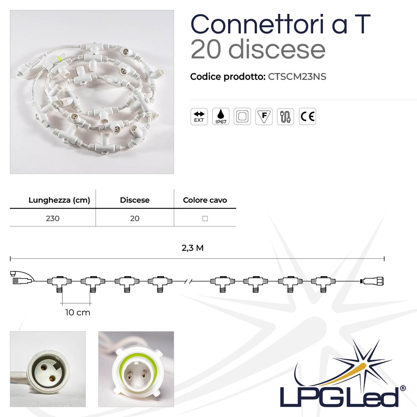 Connettore a T per luci led | 230cm | 20 discese | IP67