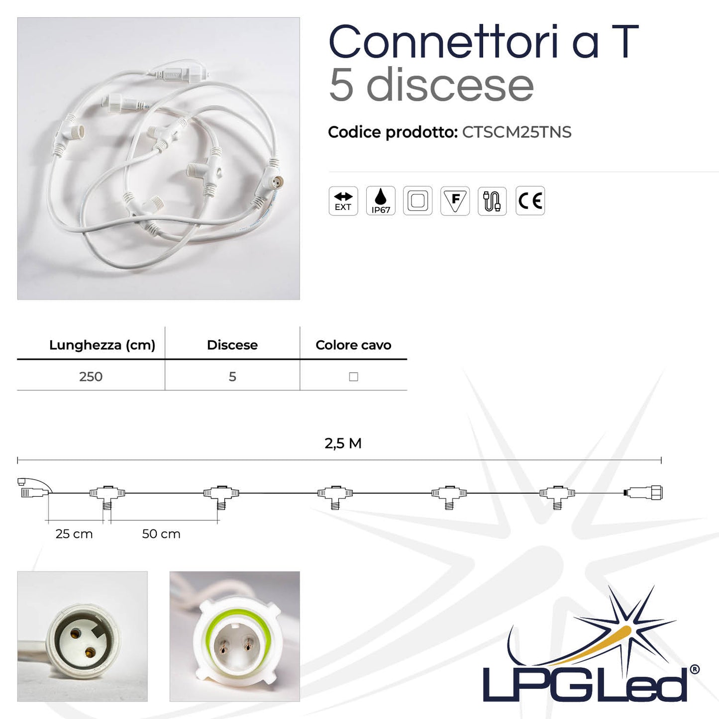 Connettore a T per luci led | 250cm | 5 discese | IP67