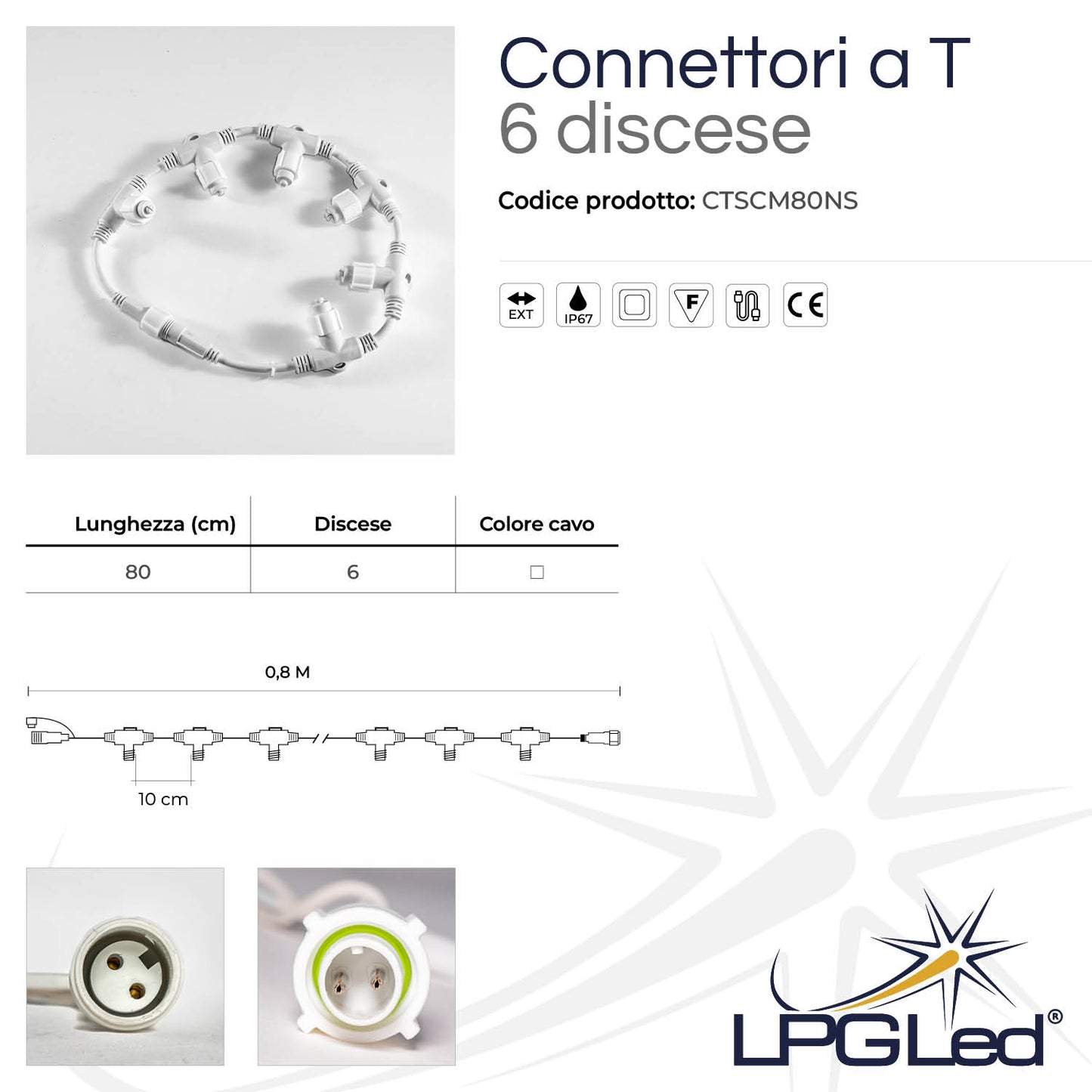 Connettore a T per luci led | 80cm | 6 discese | IP67