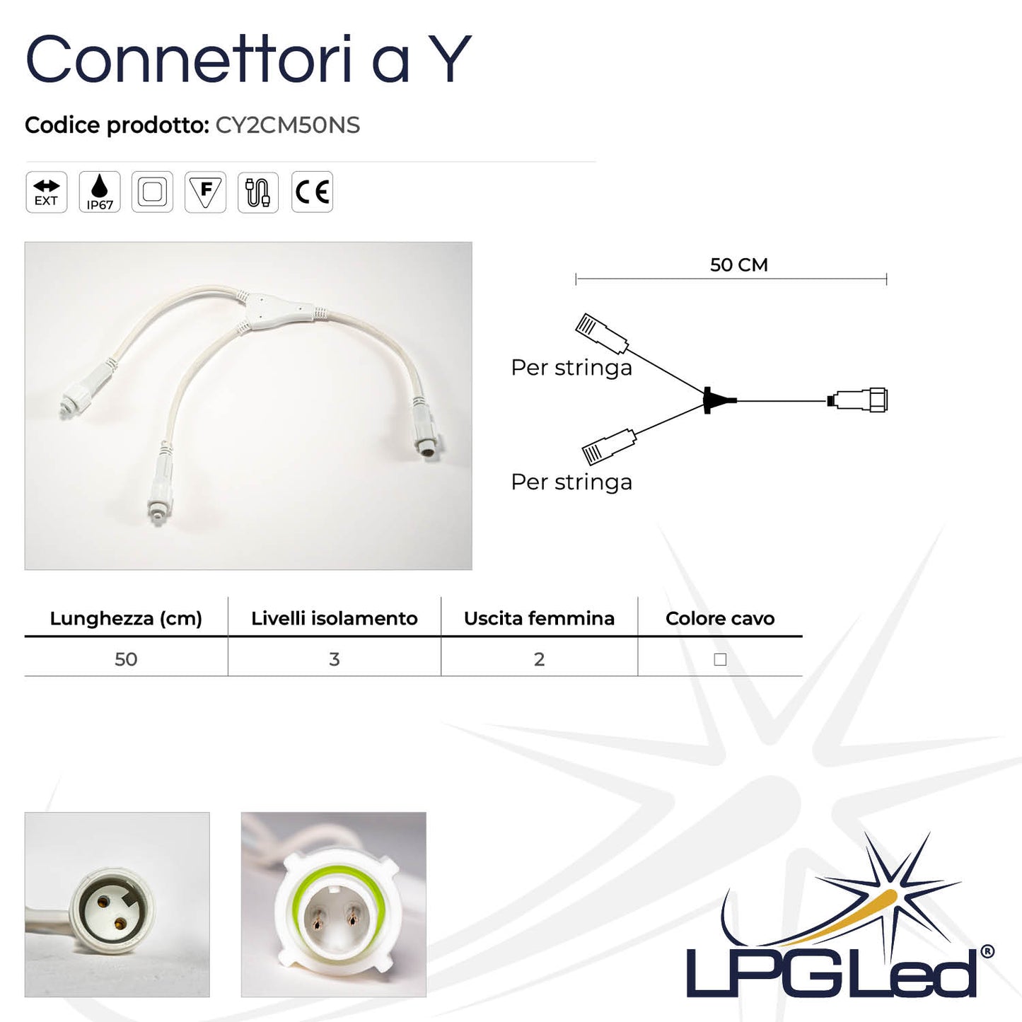 Connettore a Y per luci led | 50cm | con 2 uscite | IP67