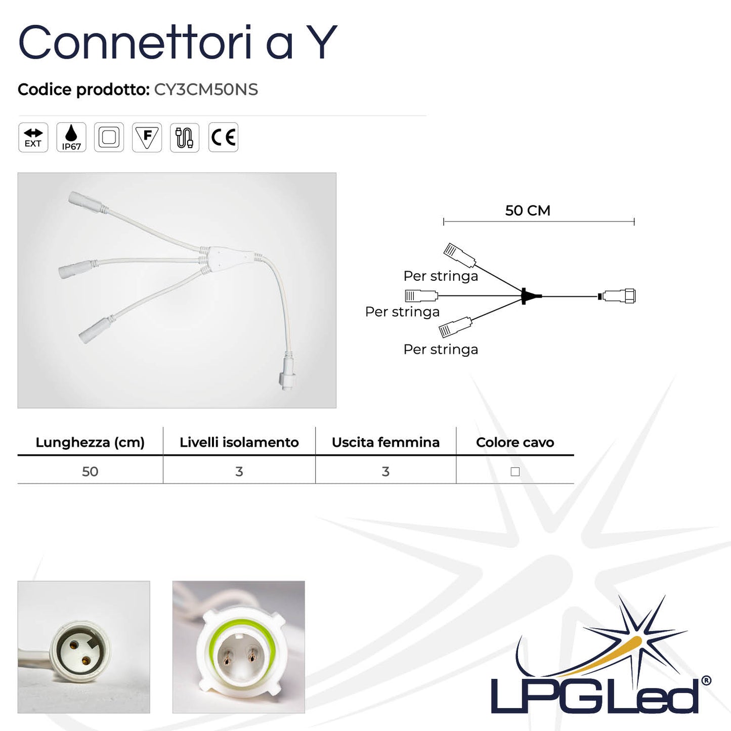 Connettore a Y per luci led | 50cm | con 3 uscite | IP67