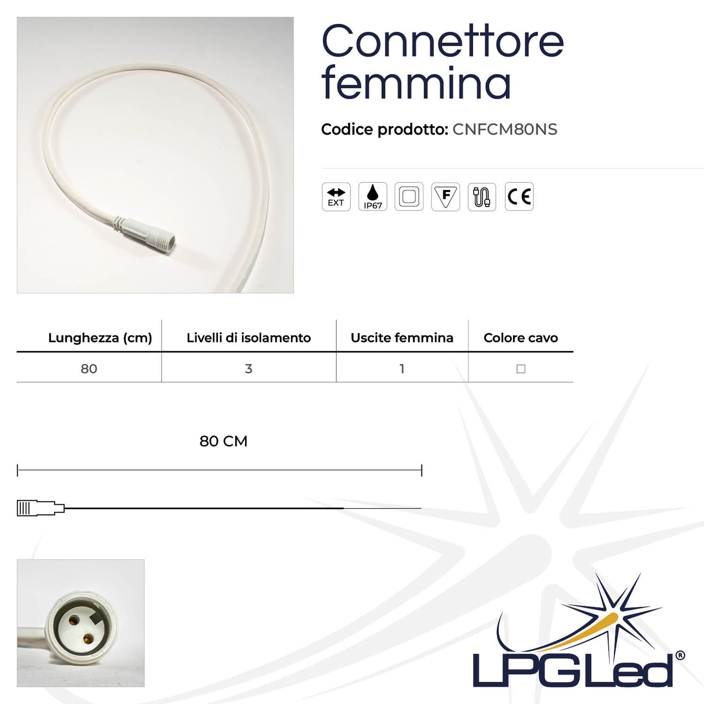 Connettore femmina per luci led | 80cm | IP67