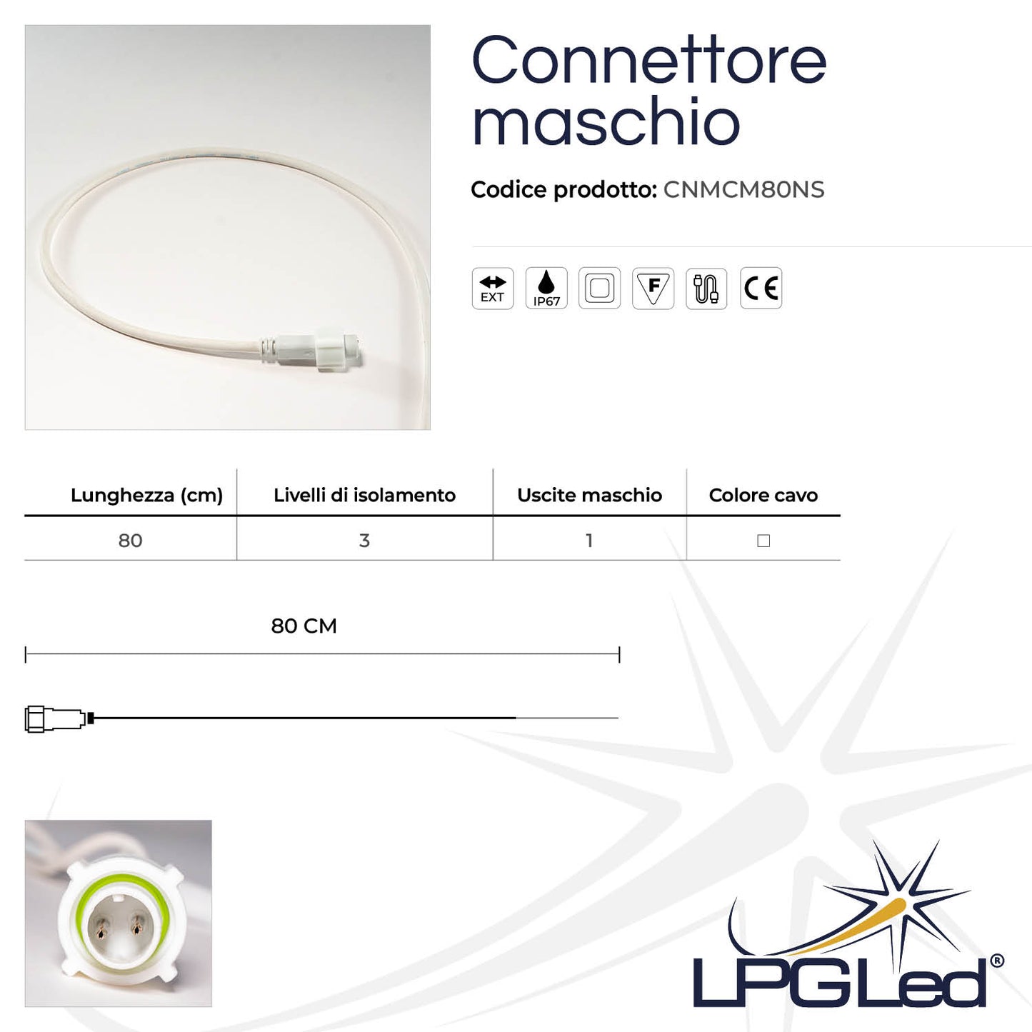 Connettore maschio per luci led | 80cm | IP67