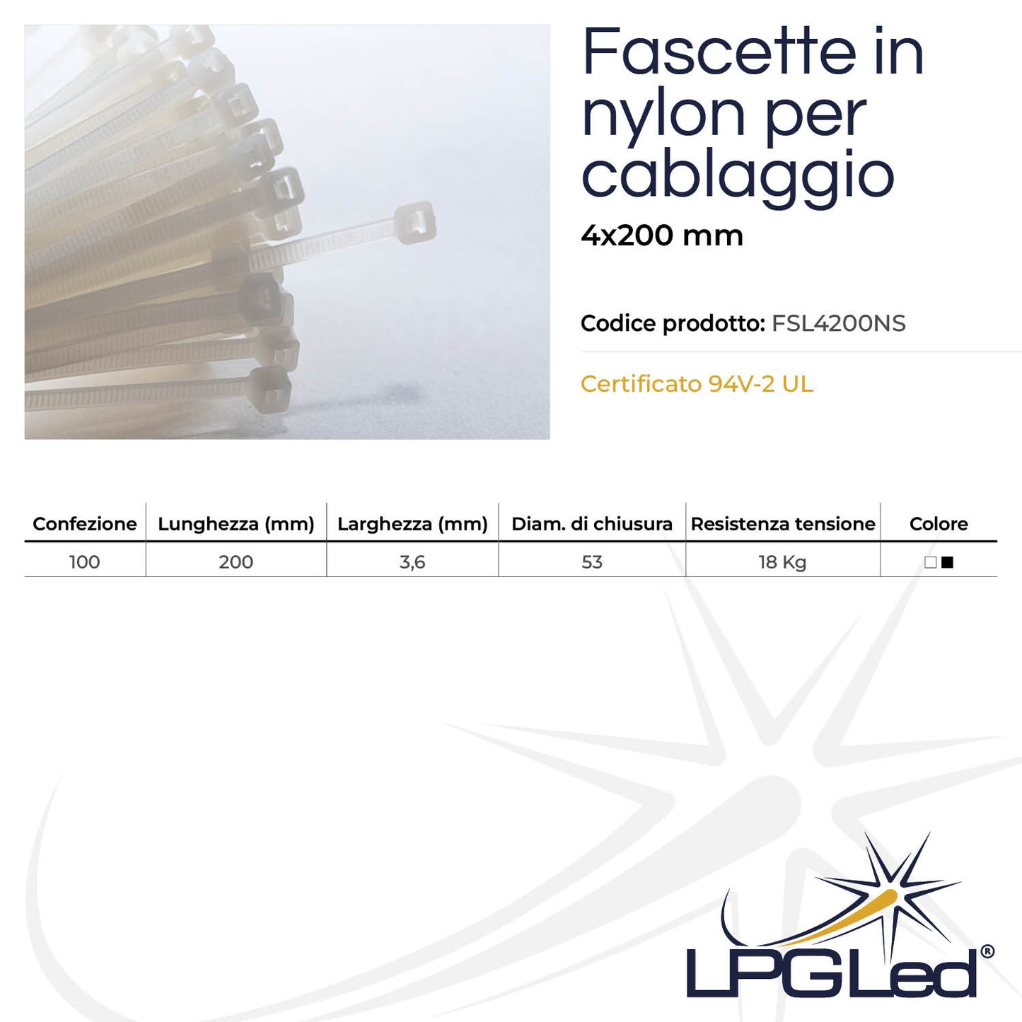 Fascette in nylon per cablaggio | 4x200mm | confezione da 100pz