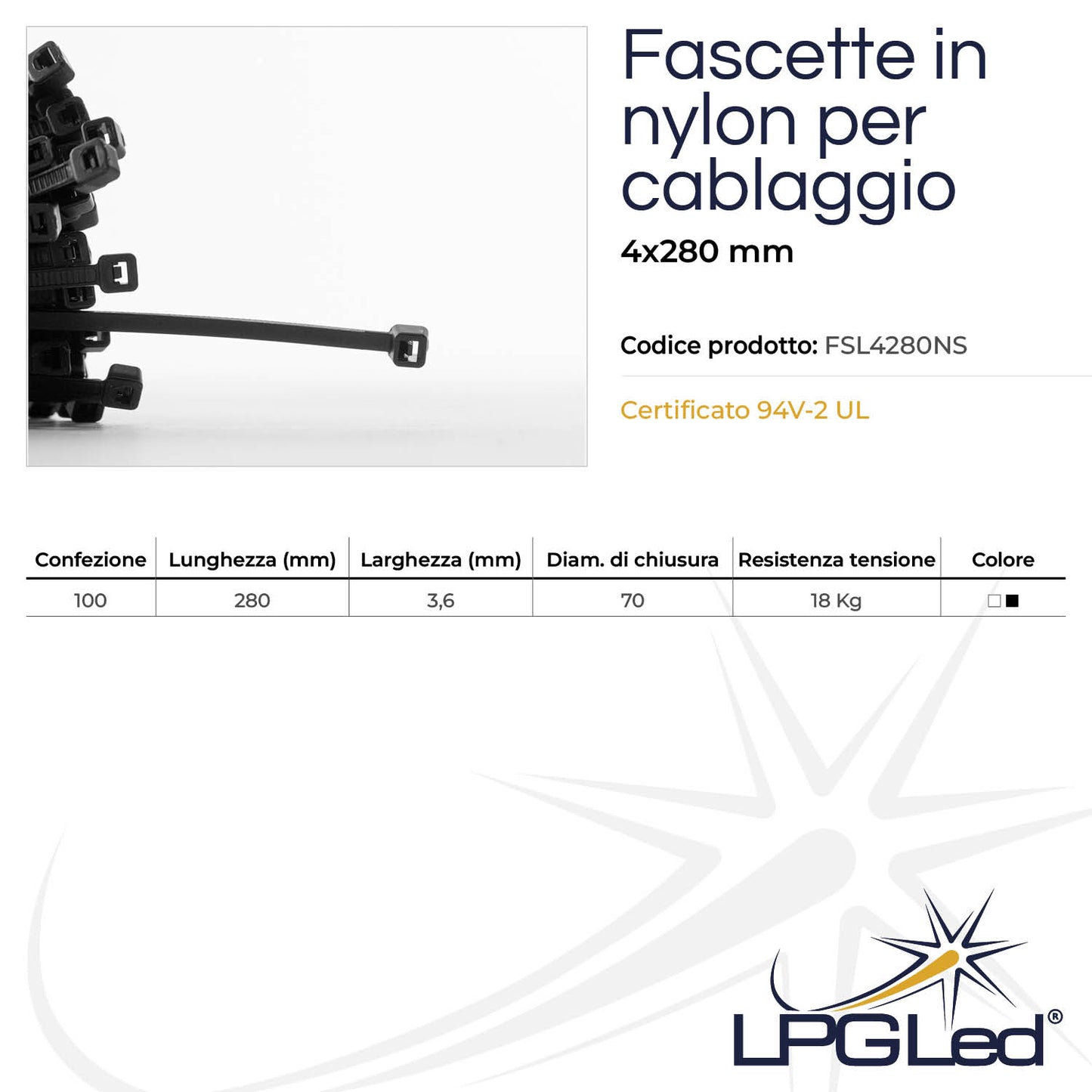 Fascette in nylon per cablaggio | 4x280mm | confezione da 100pz