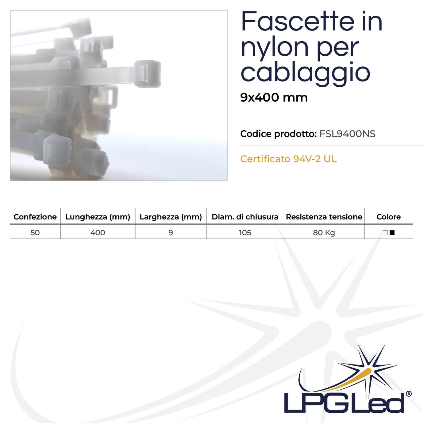 Fascette in nylon per cablaggio | 9x400mm | confezione da 50pz