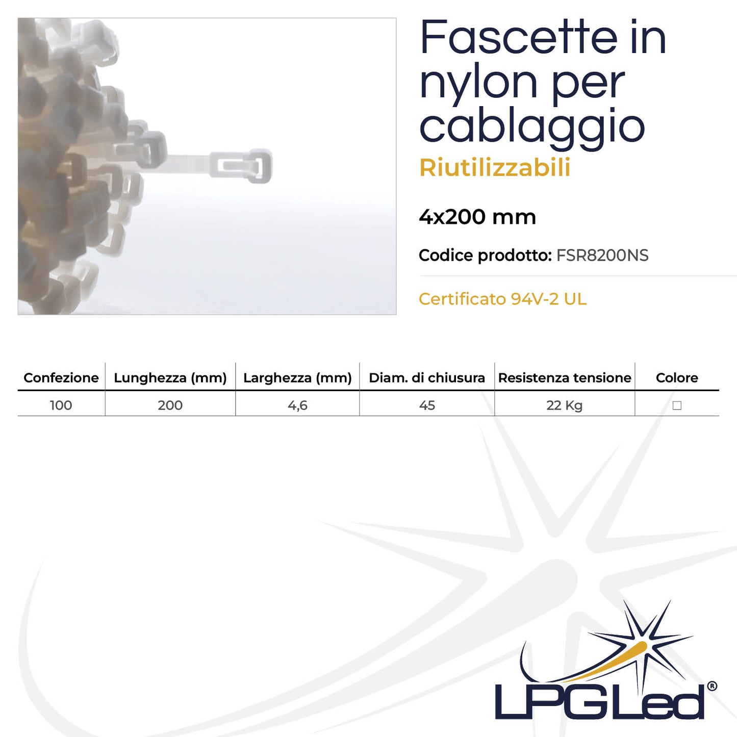 Fascette in nylon per cablaggio | RIUTILIZZABILI | 4x200mm | confezione da 100pz | bianche