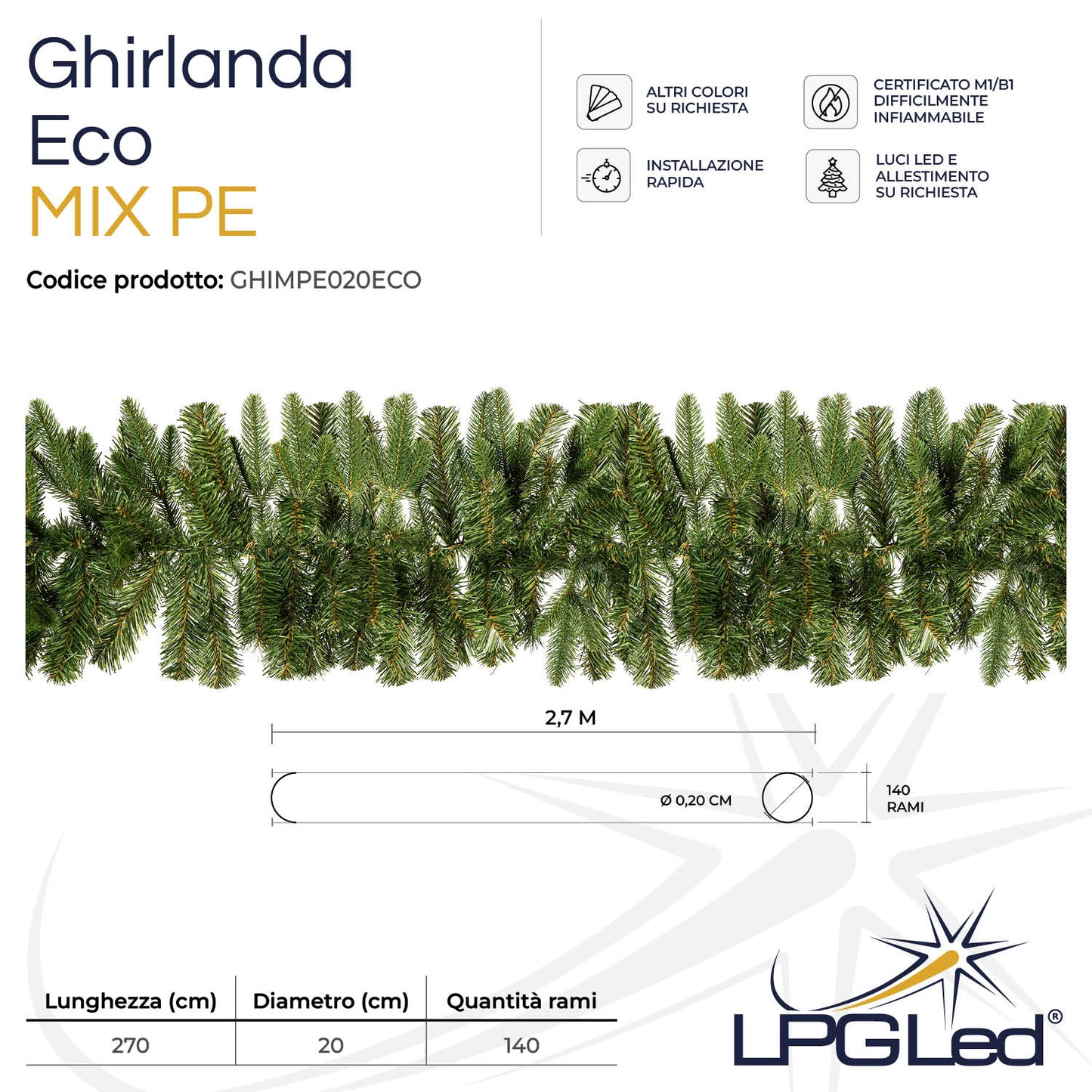 Ghirlanda di Natale artificiale MIX PE | ECO | da 270cm | diametro 20cm | rami 140