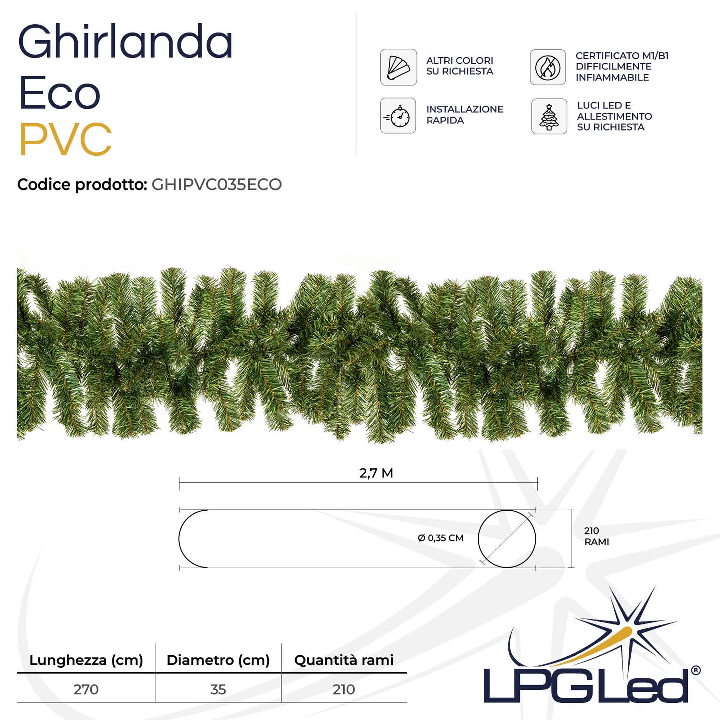 Ghirlanda di Natale artificiale PVC | ECO | da 270cm | diametro 35cm | rami 210