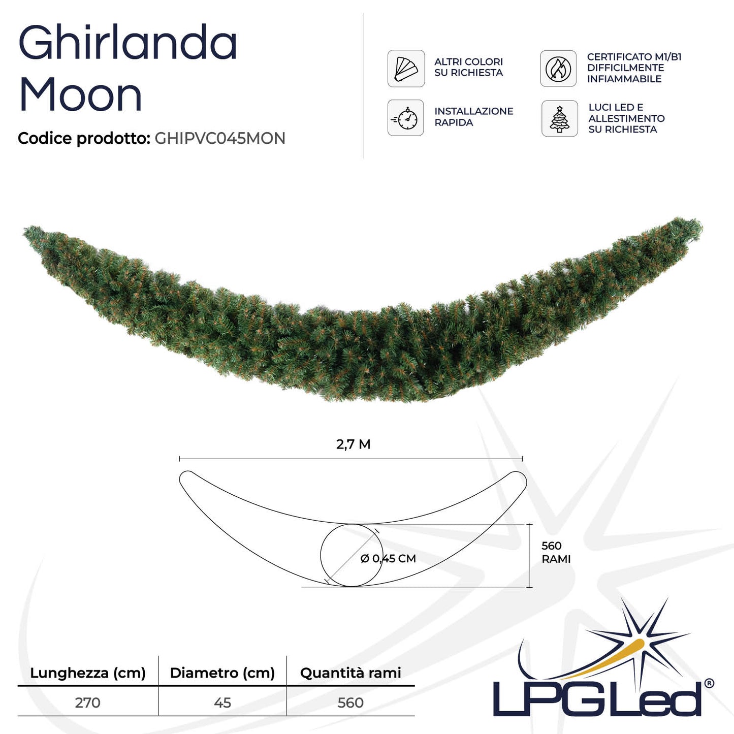Ghirlanda di Natale artificiale PVC | MOON | da 270cm | diametro 45cm | rami 560