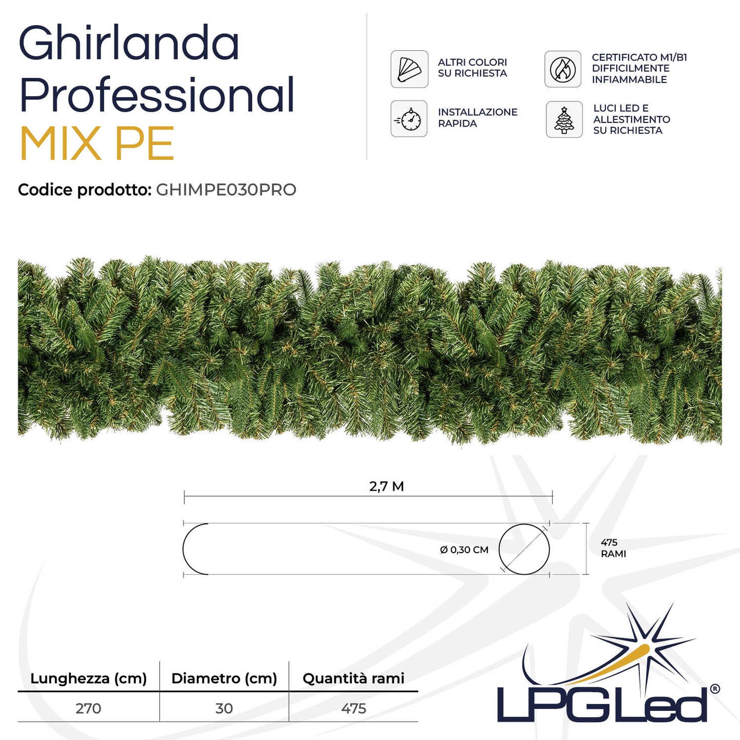 Ghirlanda di Natale artificiale MIX PE | PROFESSIONAL | da 270cm | diametro 30cm | rami 475