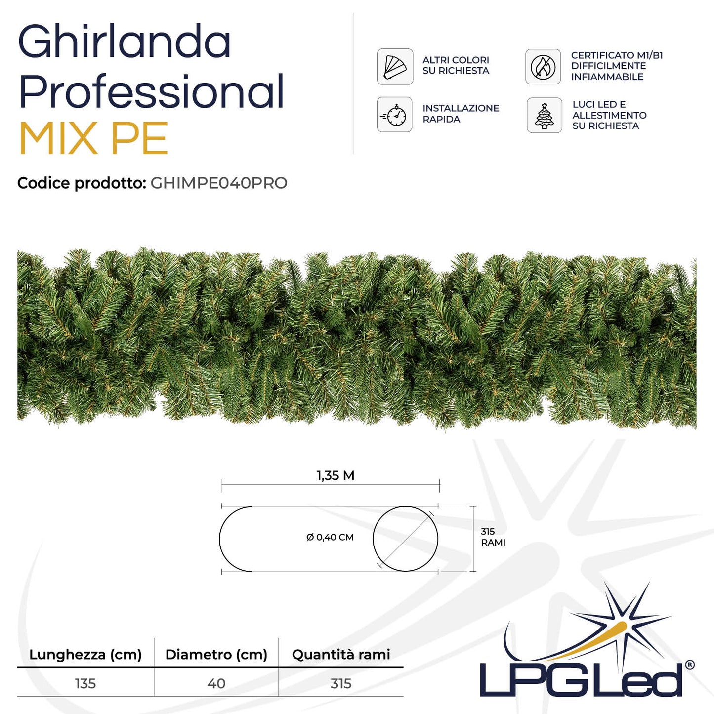 Ghirlanda di Natale artificiale MIX PE | PROFESSIONAL | da 135cm | diametro 40cm | rami 315