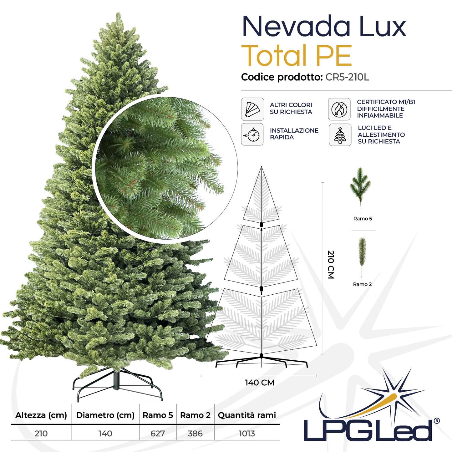 Albero di Natale artificiale TOTAL PE | NEVADA LUX | altezza 210cm - diametro 140cm - rami 1.013
