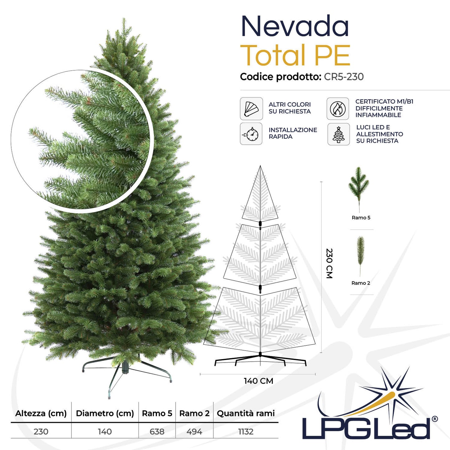 Albero di Natale artificiale TOTAL PE | NEVADA | altezza 230cm - diametro 140cm - rami 1.132
