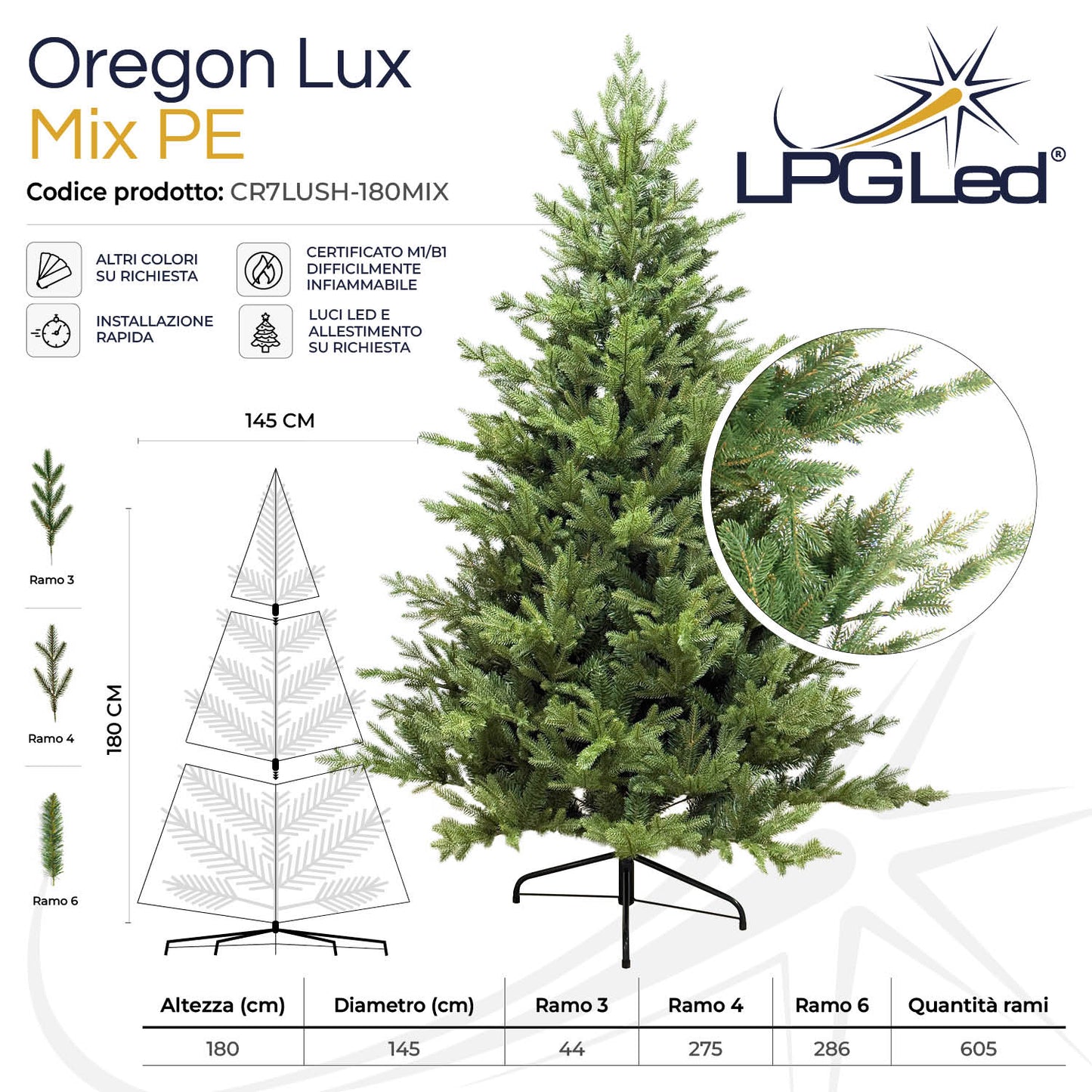 Albero di Natale artificiale MIX PE | OREGON LUX | altezza 180cm - diametro 145cm - rami 605