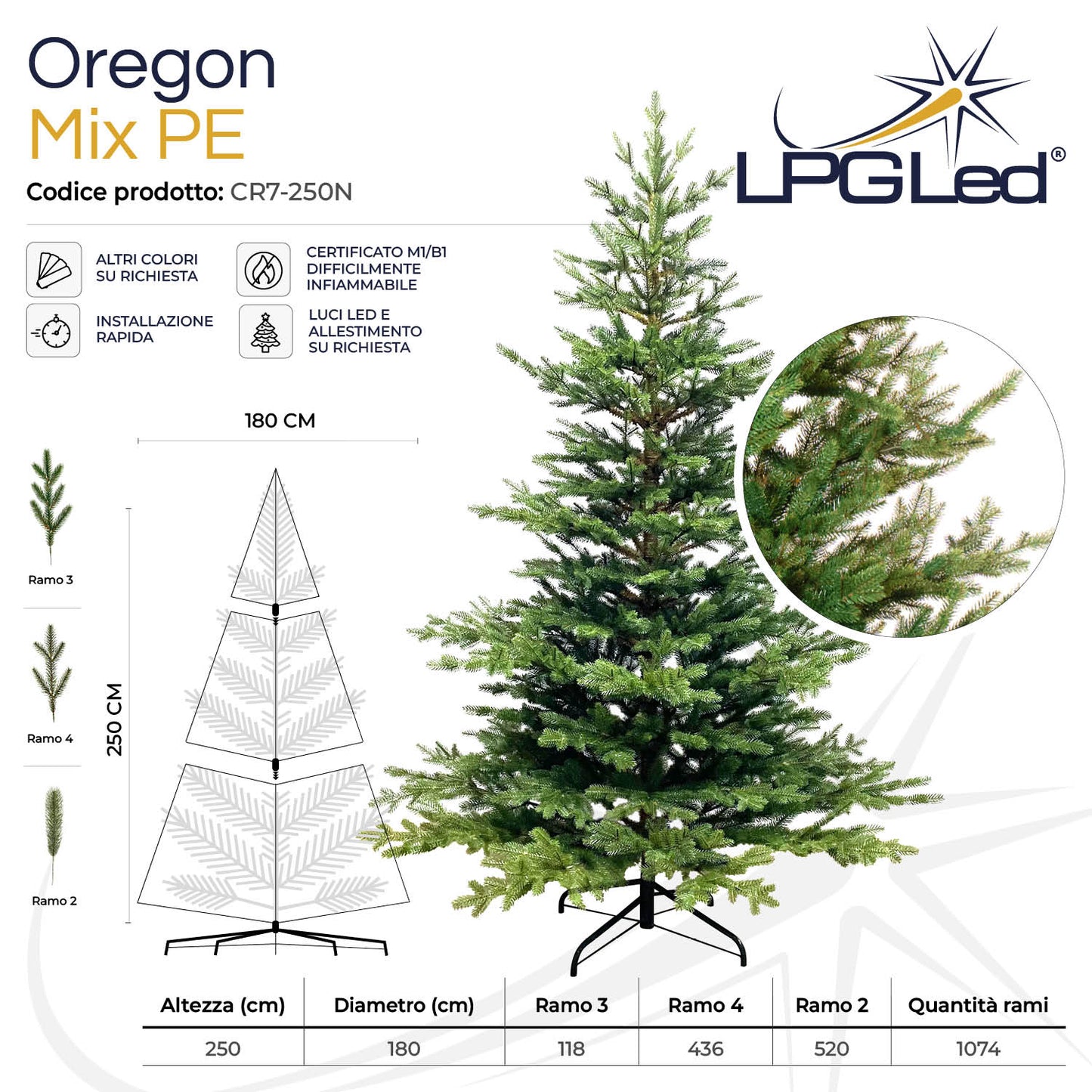 Albero di Natale artificiale MIX PE | OREGON | altezza 250cm - diametro 180cm - rami 1.074