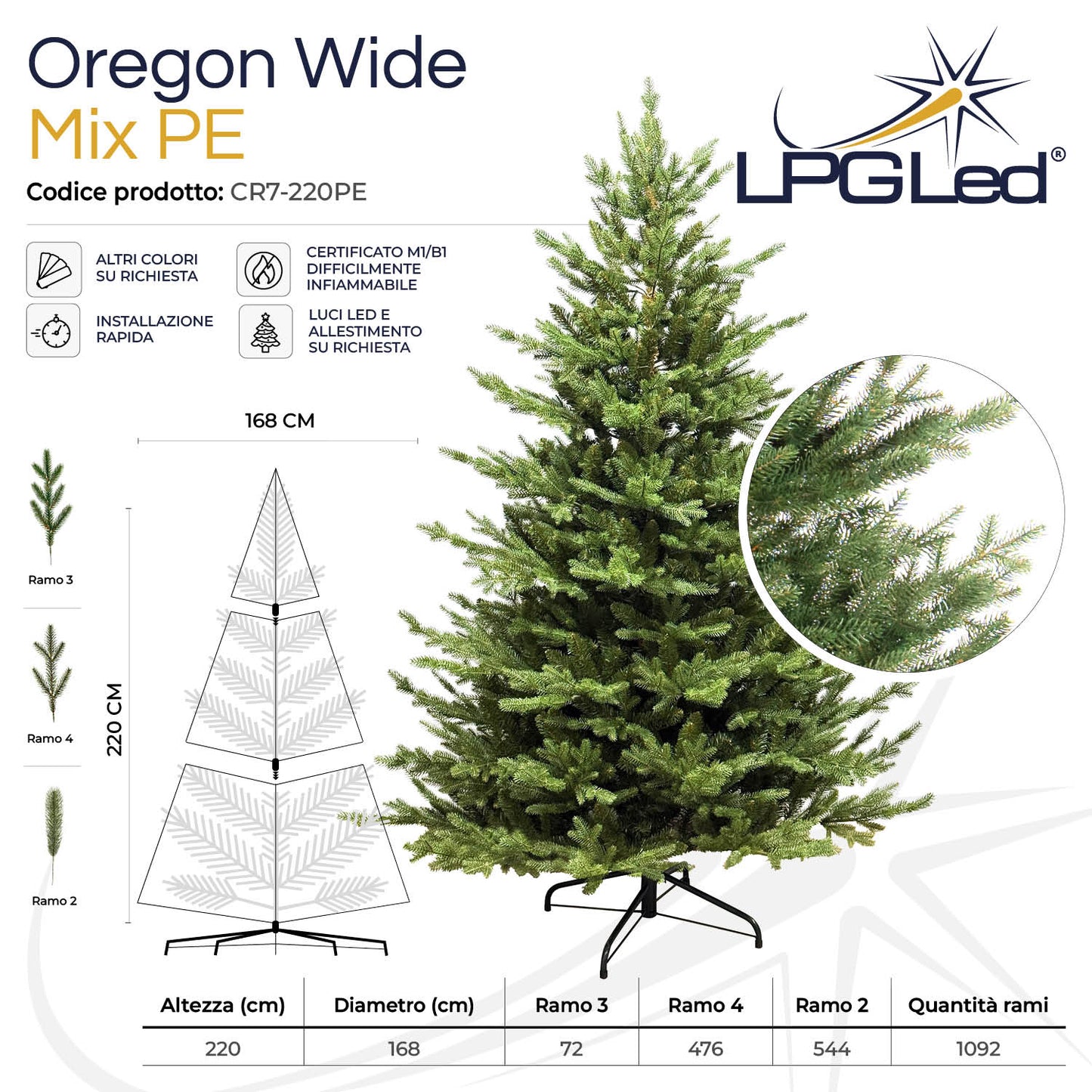 Albero di Natale artificiale MIX PE | OREGON WIDE | altezza 220cm - diametro 168cm - rami 1.092