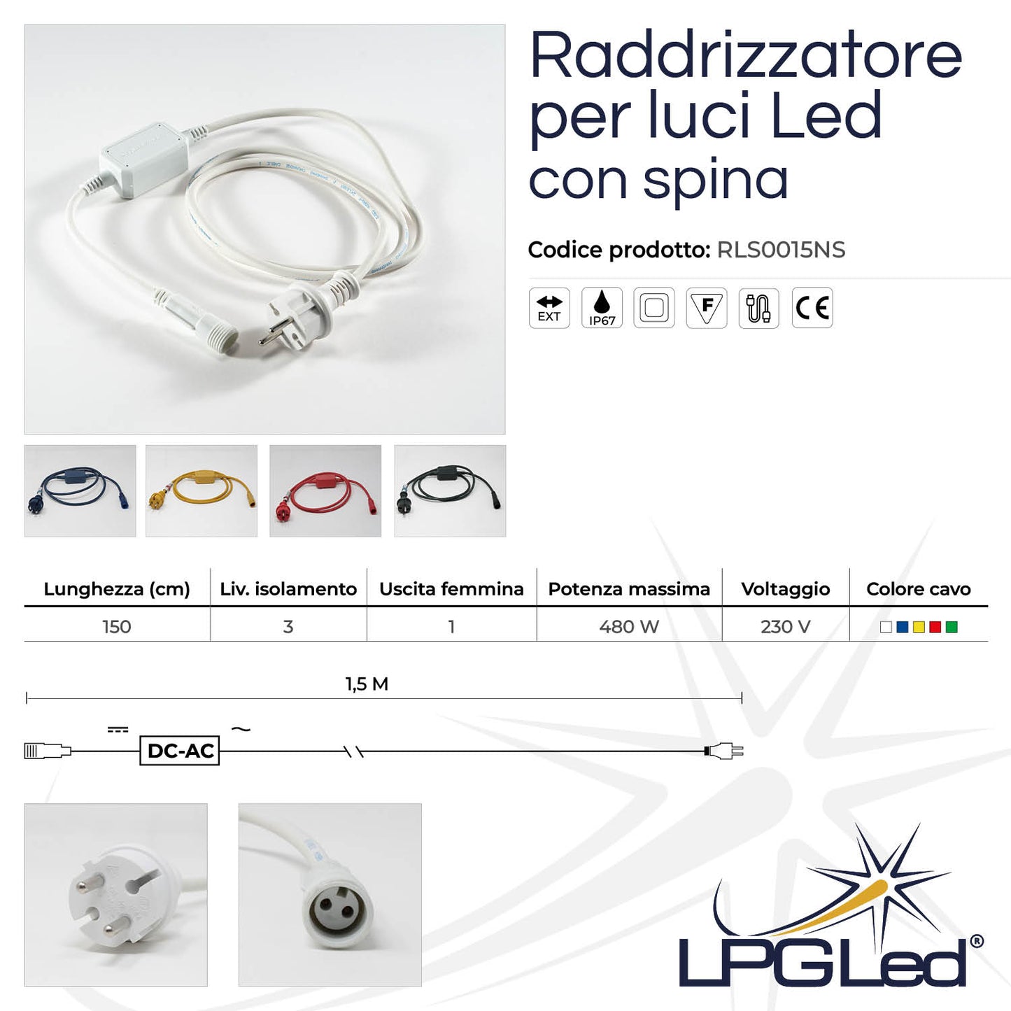 Rectifier for LED lights | with 1.5m plug | IP67