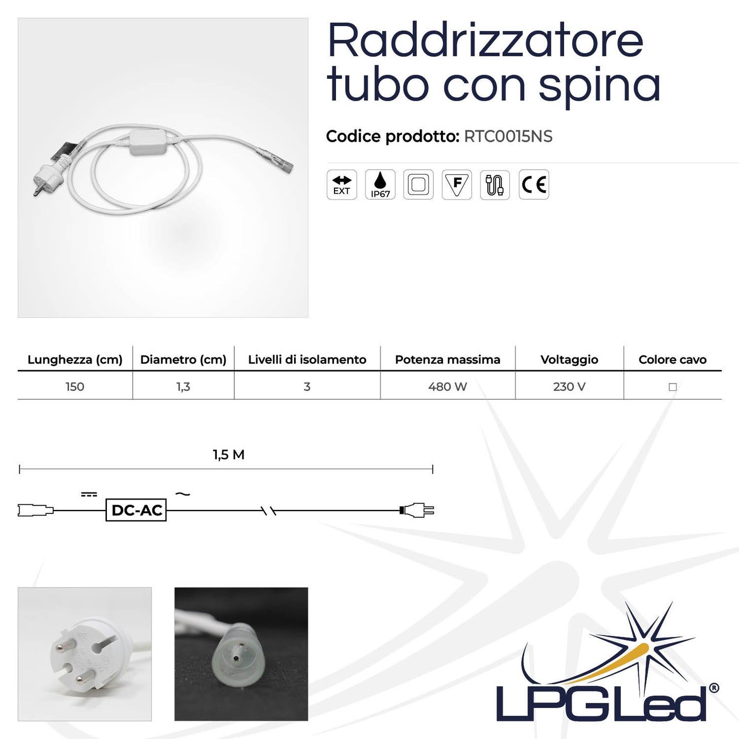 LED tube rectifier | 1.5m | Ø 13mm | white with plug | IP44