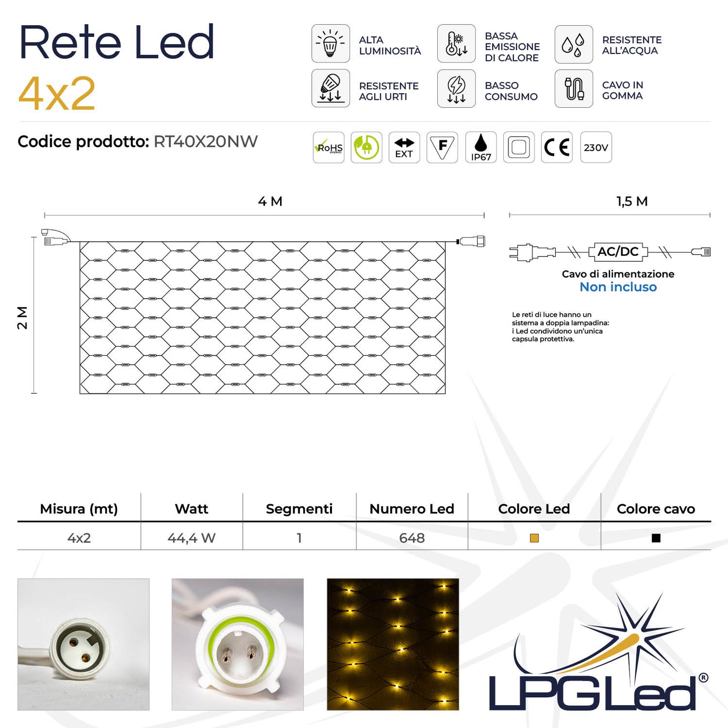 Rete led flessibile | 4x2m 230V | cavo nero | 648 led