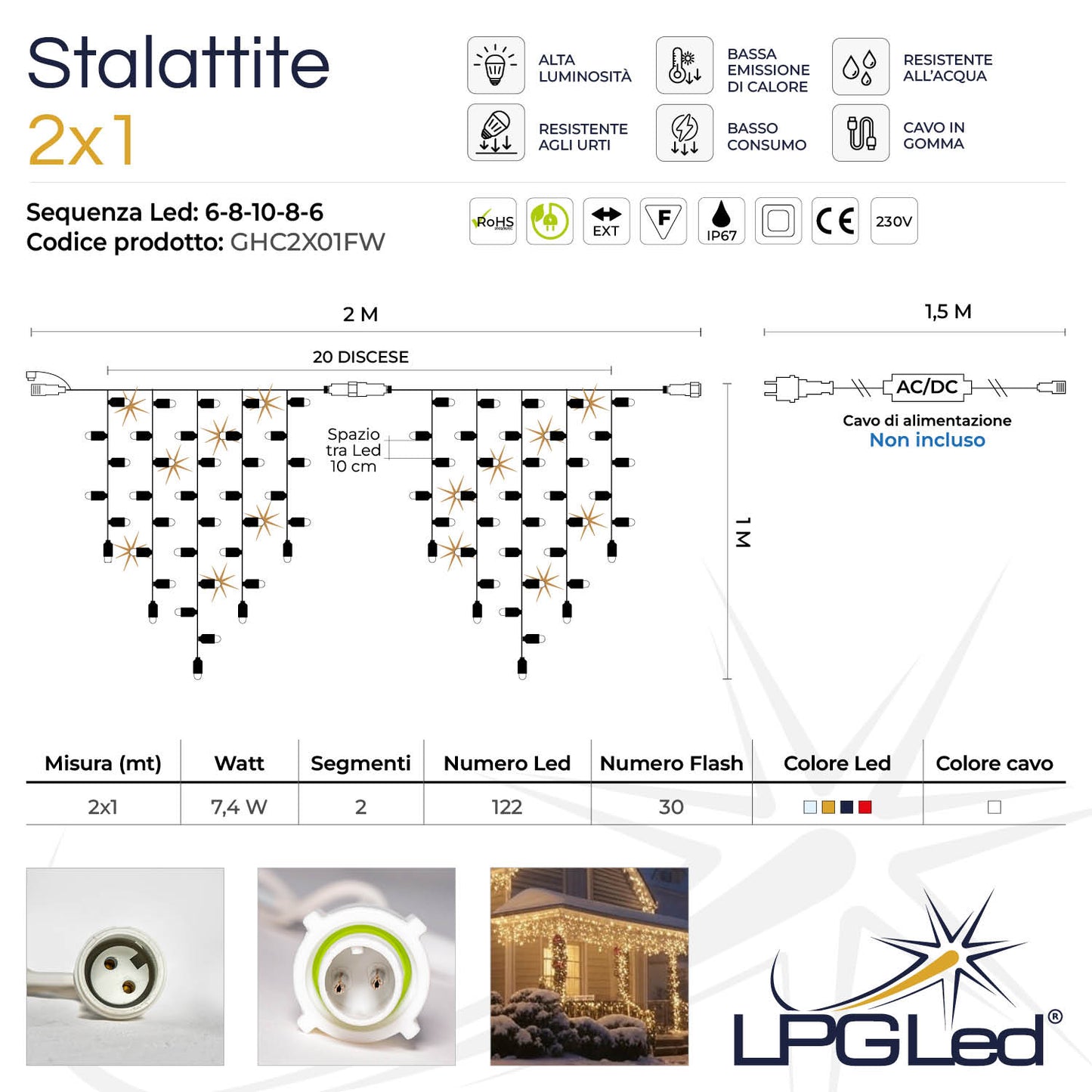 Tendina ghiacciolo led | 2x1m 230V con flash | cavo bianco | stalattite con 152 led (30 flash)