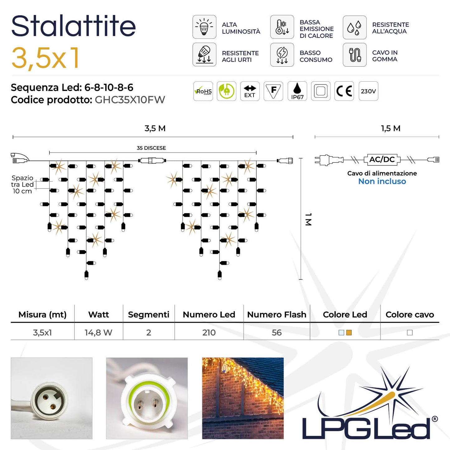 Tendina ghiacciolo led | 3,5x1m 230V con flash | cavo bianco | stalattite con 266 led (56 flash)