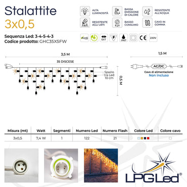 LED icicle curtain | 3.5X0.5m 230V with flash | white cable | stalactite with 133 LEDs (26 flashes)