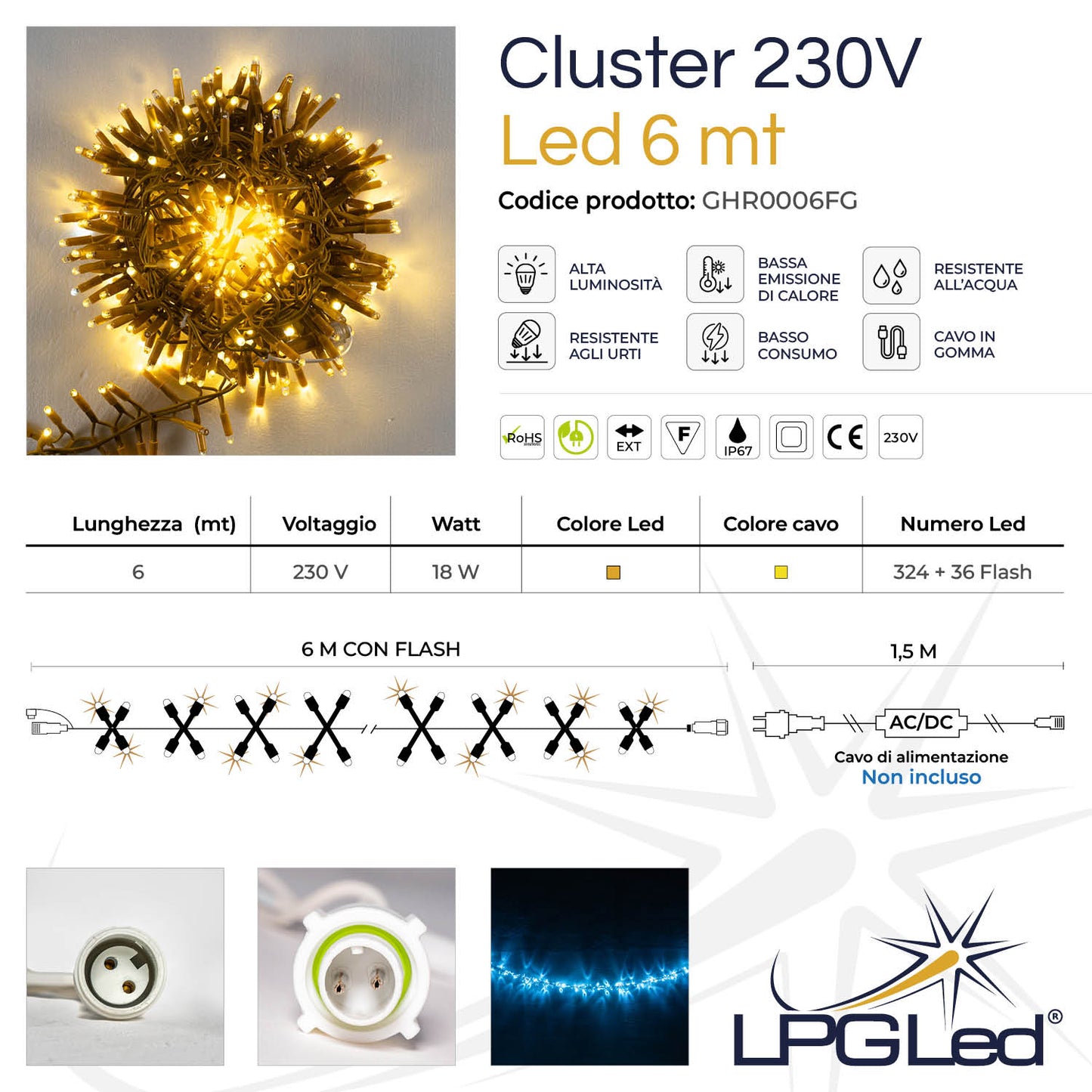 Ghirlanda 6m con flash | cavo giallo | festone di luci con 360 led (36 flash)
