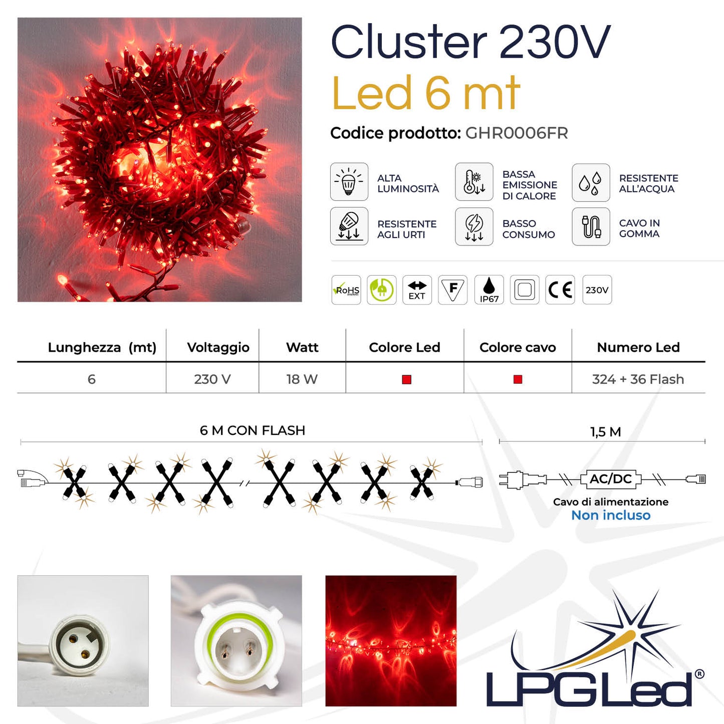 Ghirlanda 6m con flash | cavo rosso | festone di luci con 360 led (36 flash)