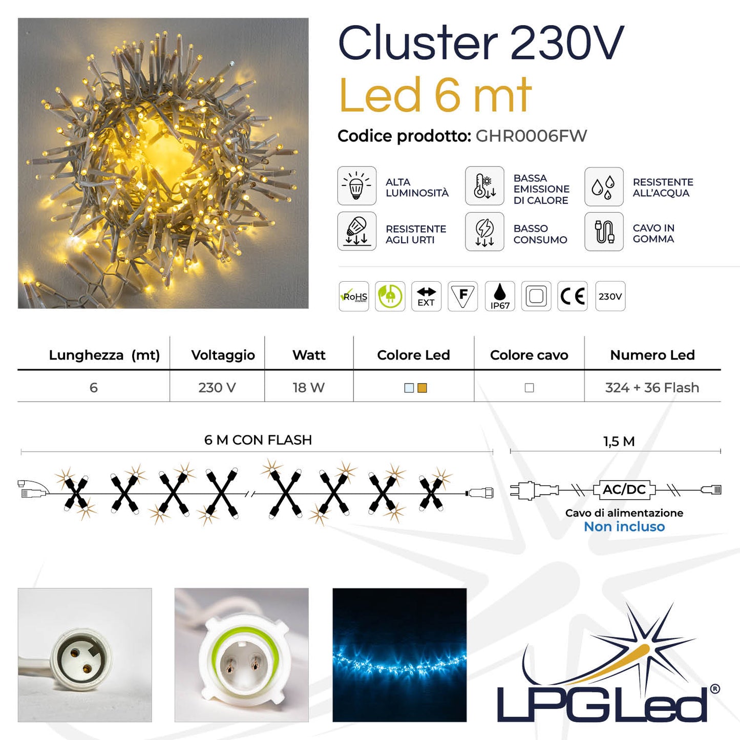 Ghirlanda 6m con flash | cavo bianco | festone di luci con 360 led (36 flash)