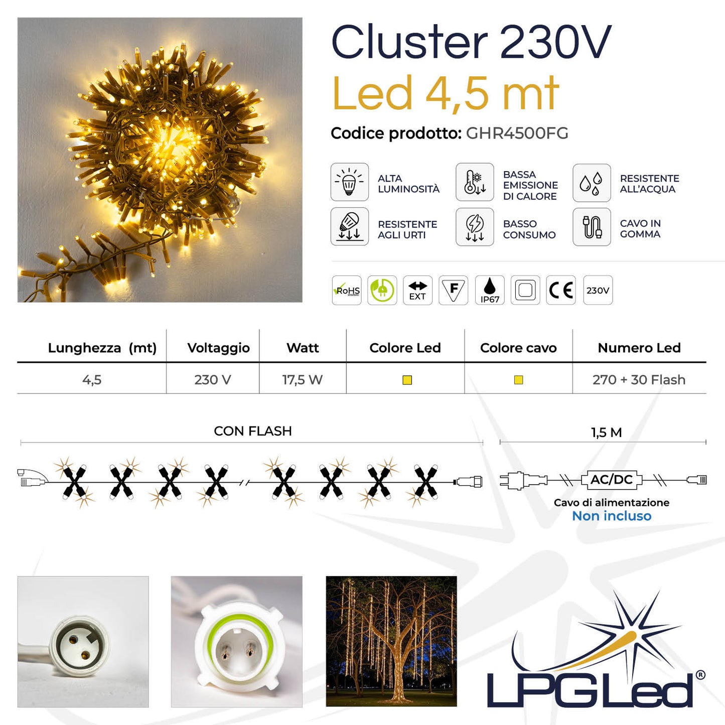 Ghirlanda 4,5m con flash | cavo giallo | festone di luci con 300 led (30 flash)