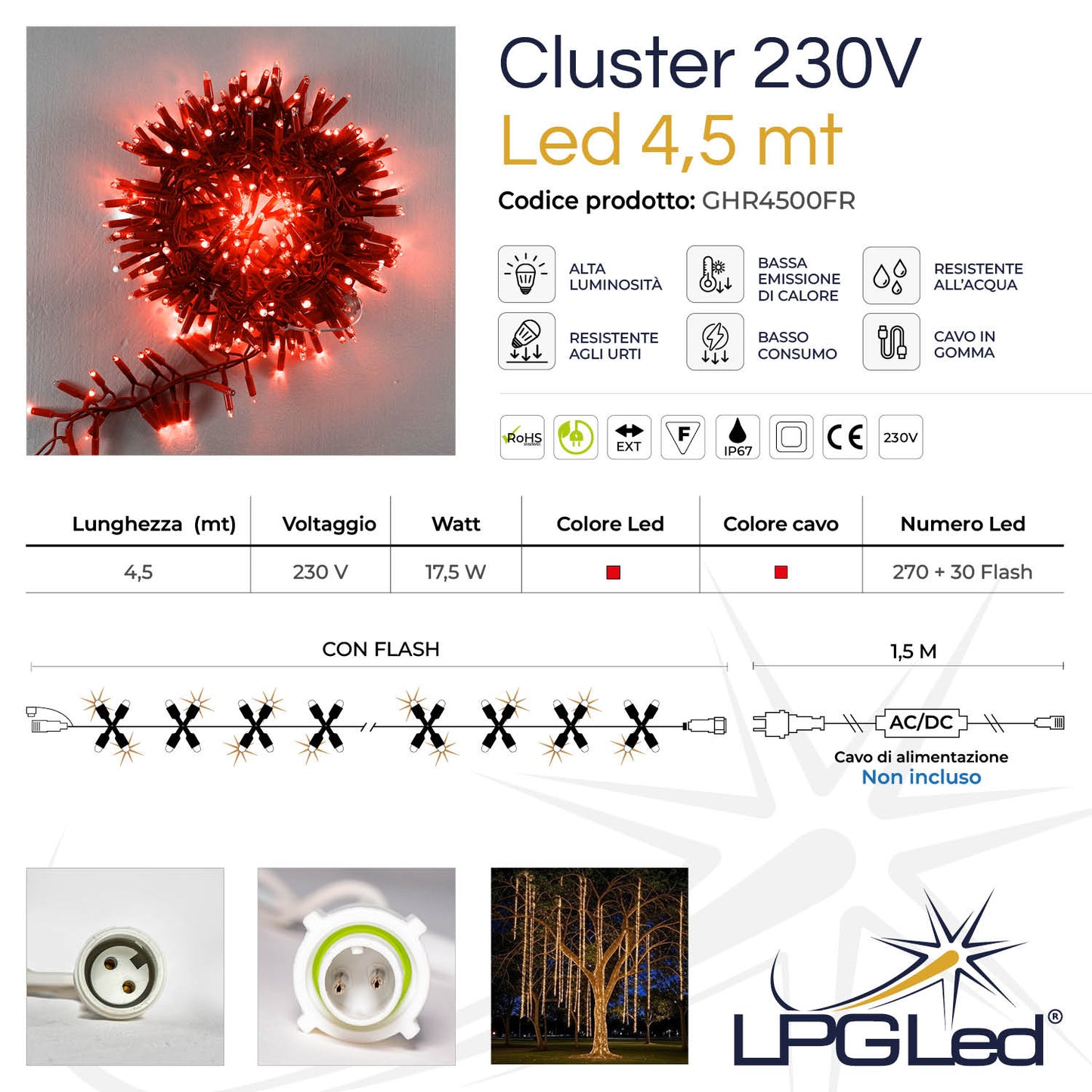 Ghirlanda 4,5m con flash | cavo rosso | festone di luci con 300 led (30 flash)