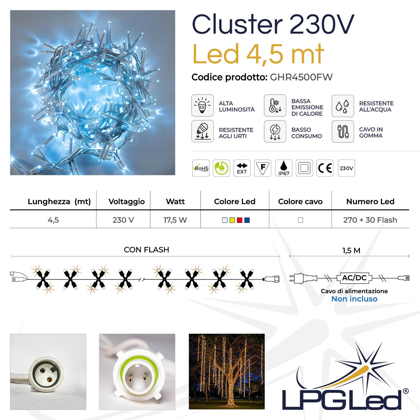 Ghirlanda 4,5m con flash | cavo bianco | festone di luci con 300 led (30 flash)