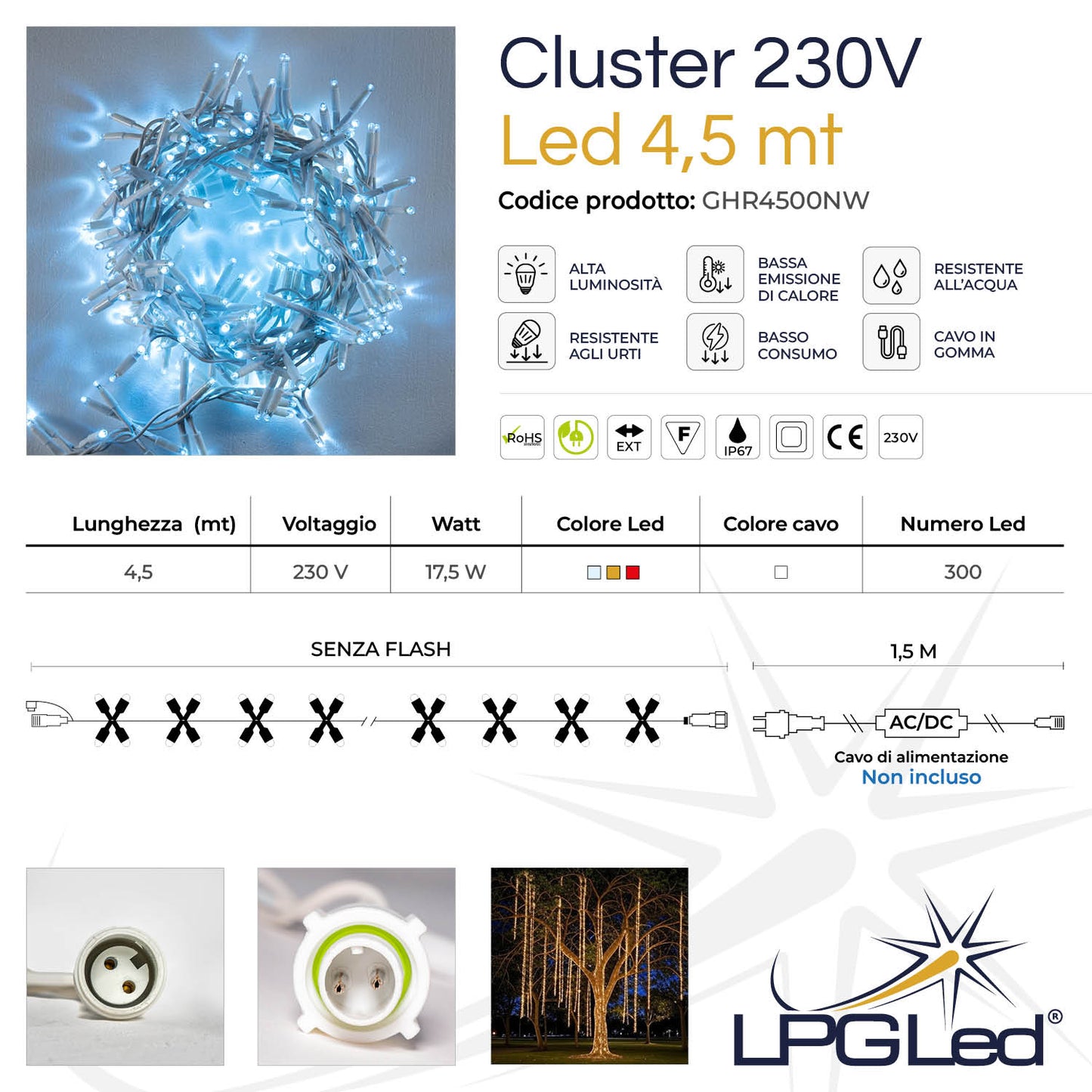 Ghirlanda 4,5m senza flash | cavo bianco | festone di luci con 300 led