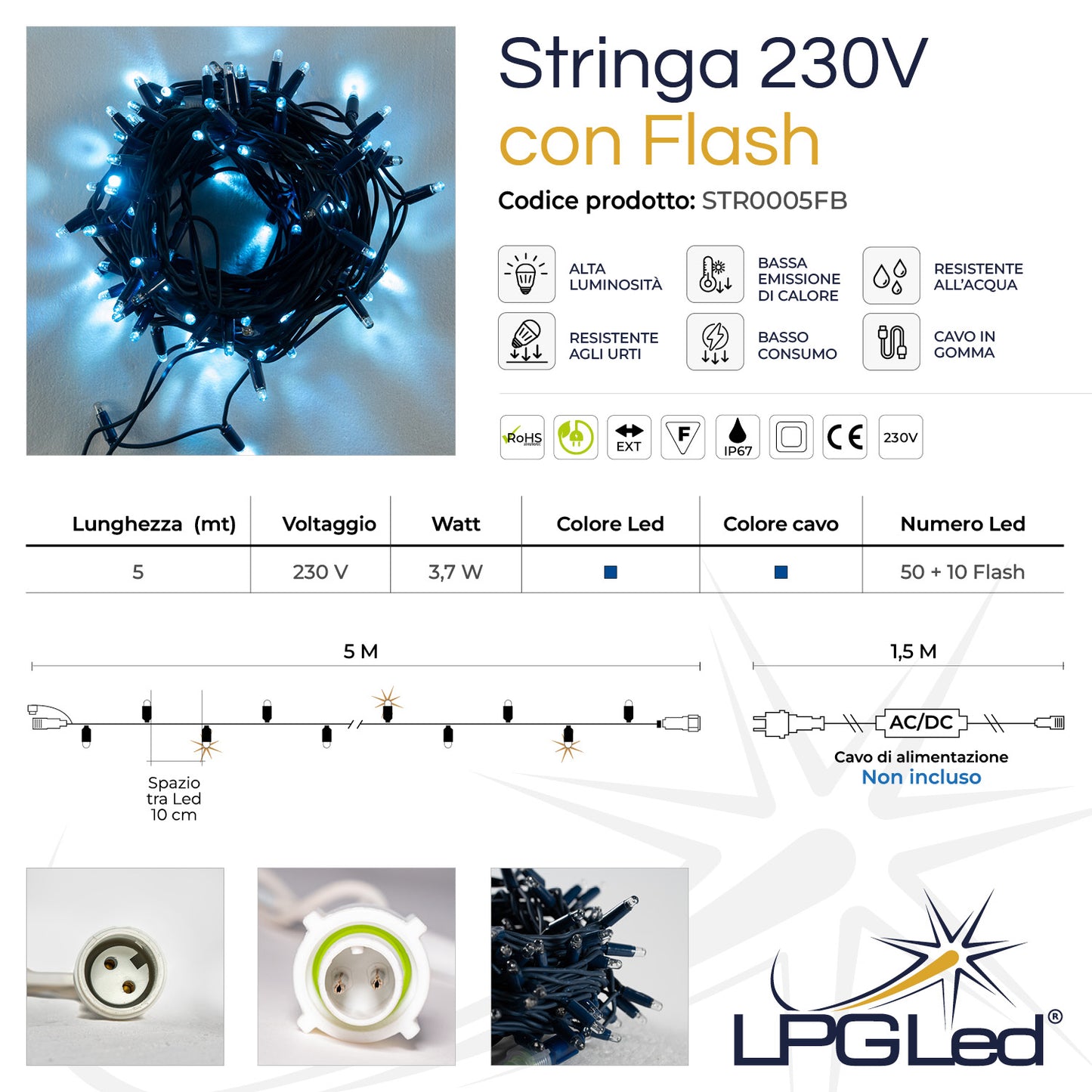 Stringa 5m 230V con flash | cavo blu | catena 60 led (10 flash)