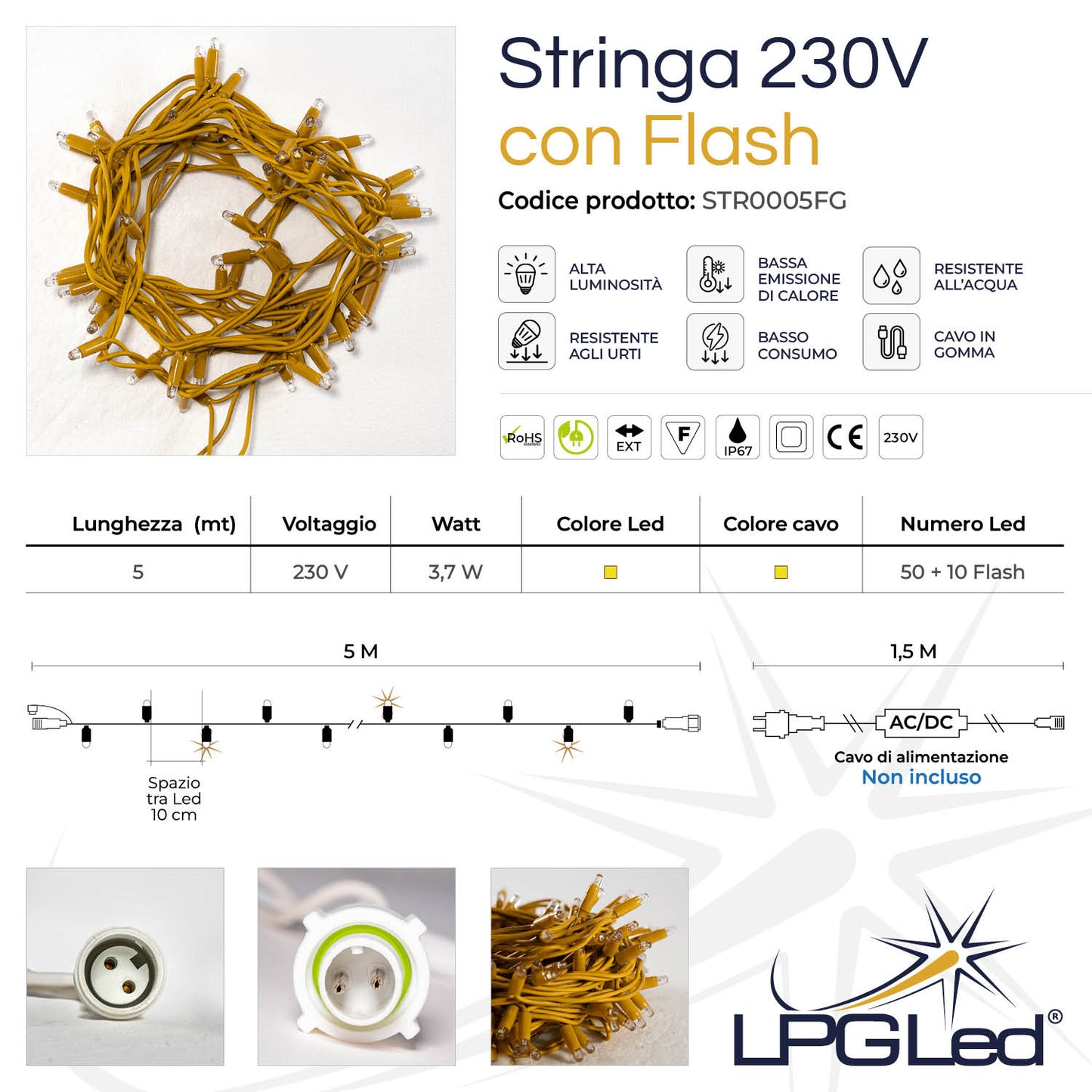 Stringa 5m 230V con flash | cavo giallo | catena 60 led (10 flash)