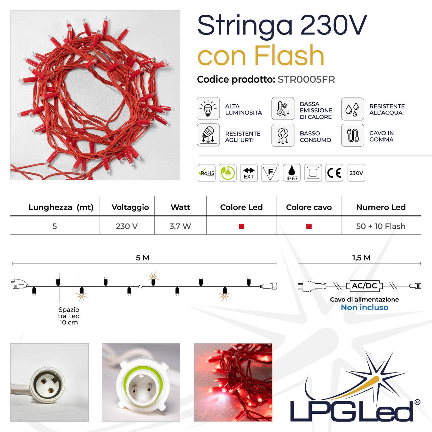 Stringa 5m 230V con flash | cavo rosso | catena 60 led (10 flash)