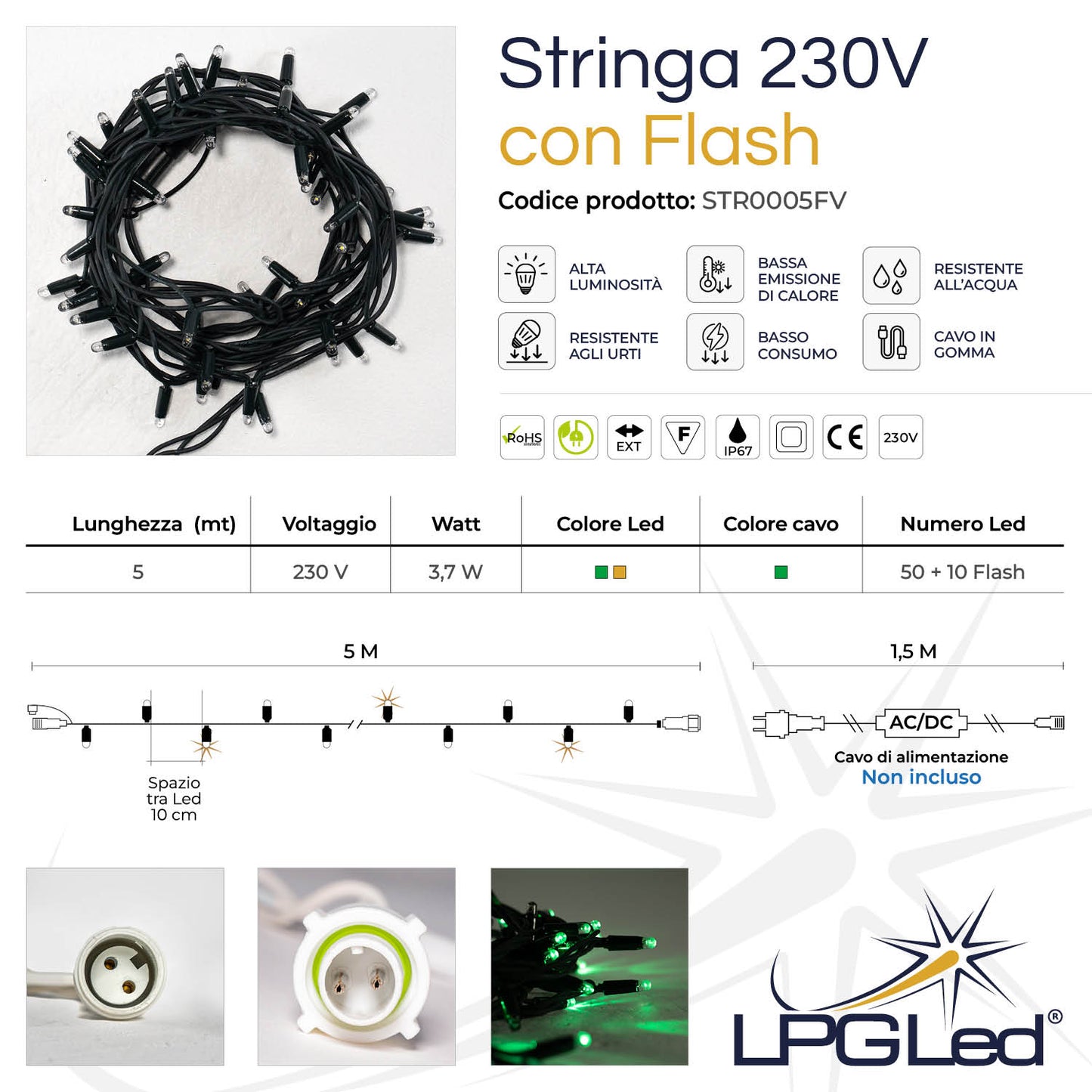 Stringa 5m 230V con flash | cavo verde | catena 60 led (10 flash)