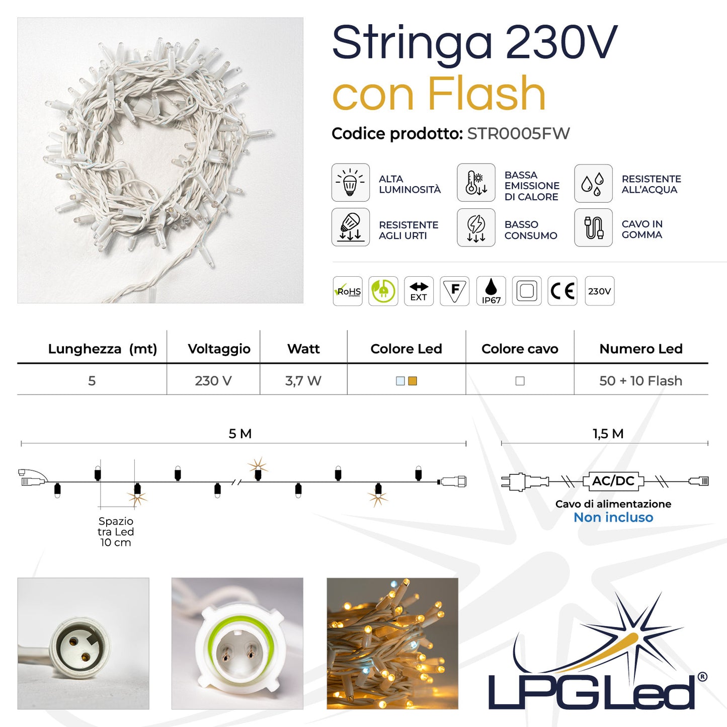 Stringa 5m 230V con flash | cavo bianco | catena 60 led (10 flash)